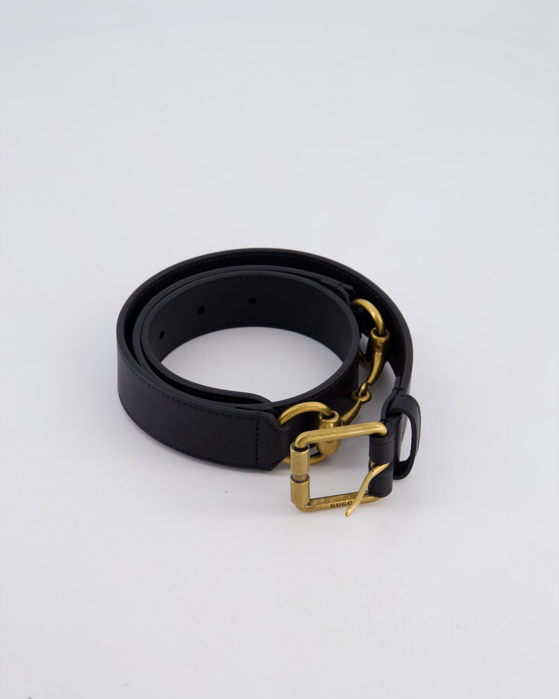 Gucci Black Leather Horsebit Buckle Belt with Antique Gold Hardware Size 85cm
