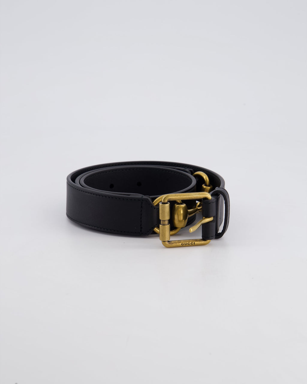 Gucci Black Leather Horsebit Buckle Belt with Antique Gold Hardware Size 85cm