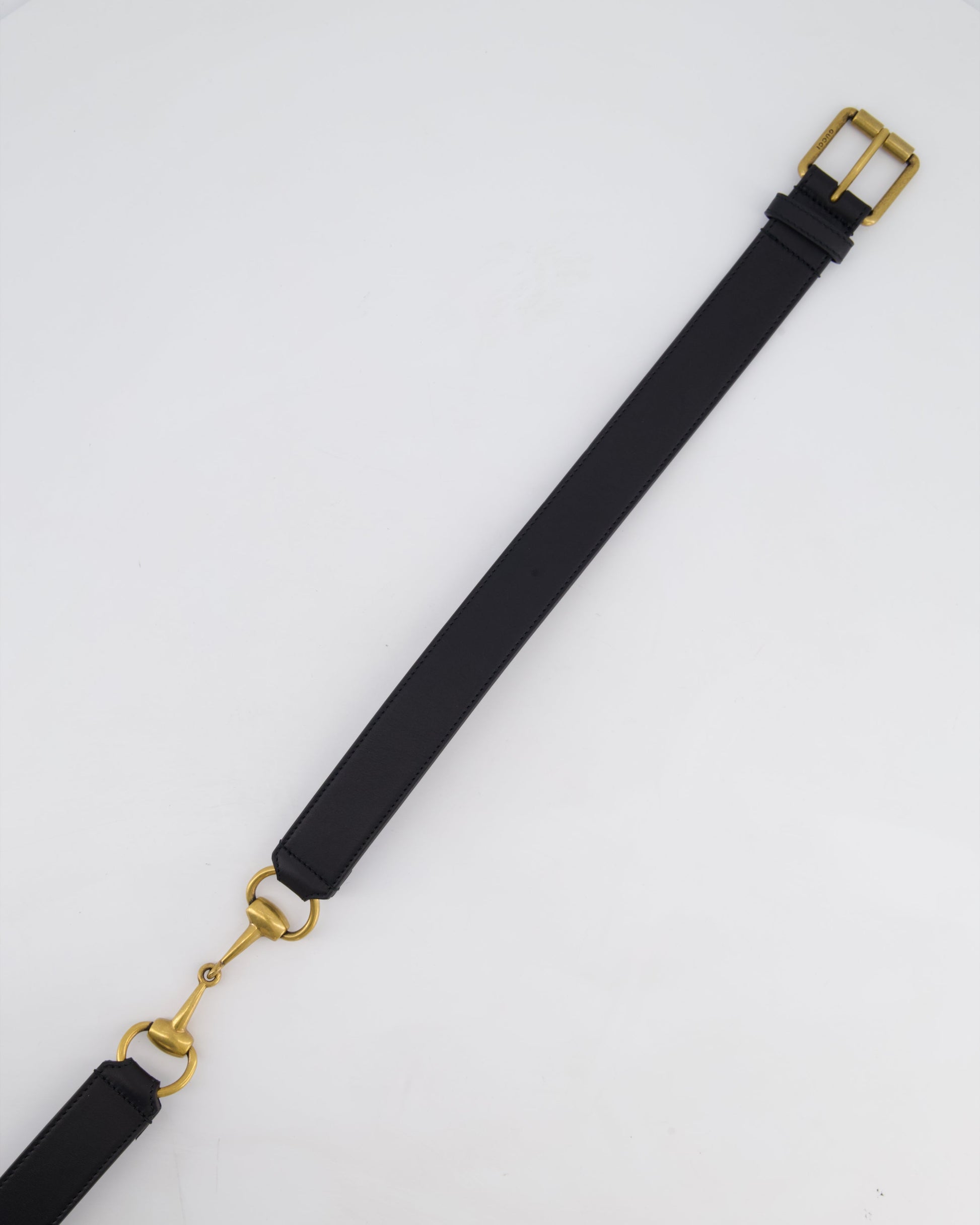 Gucci Black Leather Horsebit Buckle Belt with Antique Gold Hardware Size 85cm
