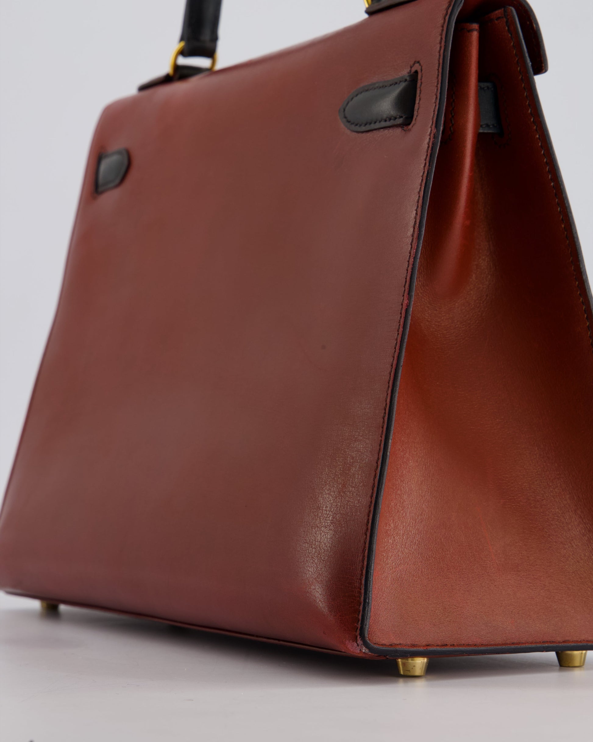 Hermes Vintage Tri-Colour Kelly 32cm Bag in Rouge H, Bleu Indigo and Vert Fonce Box Leather with Gold Hardware