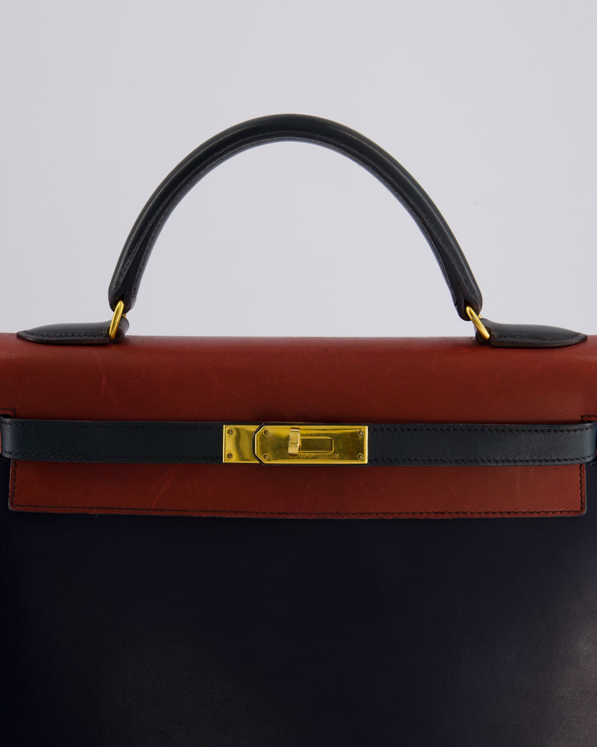 Hermes Vintage Tri-Colour Kelly 32cm Bag in Rouge H, Bleu Indigo and Vert Fonce Box Leather with Gold Hardware