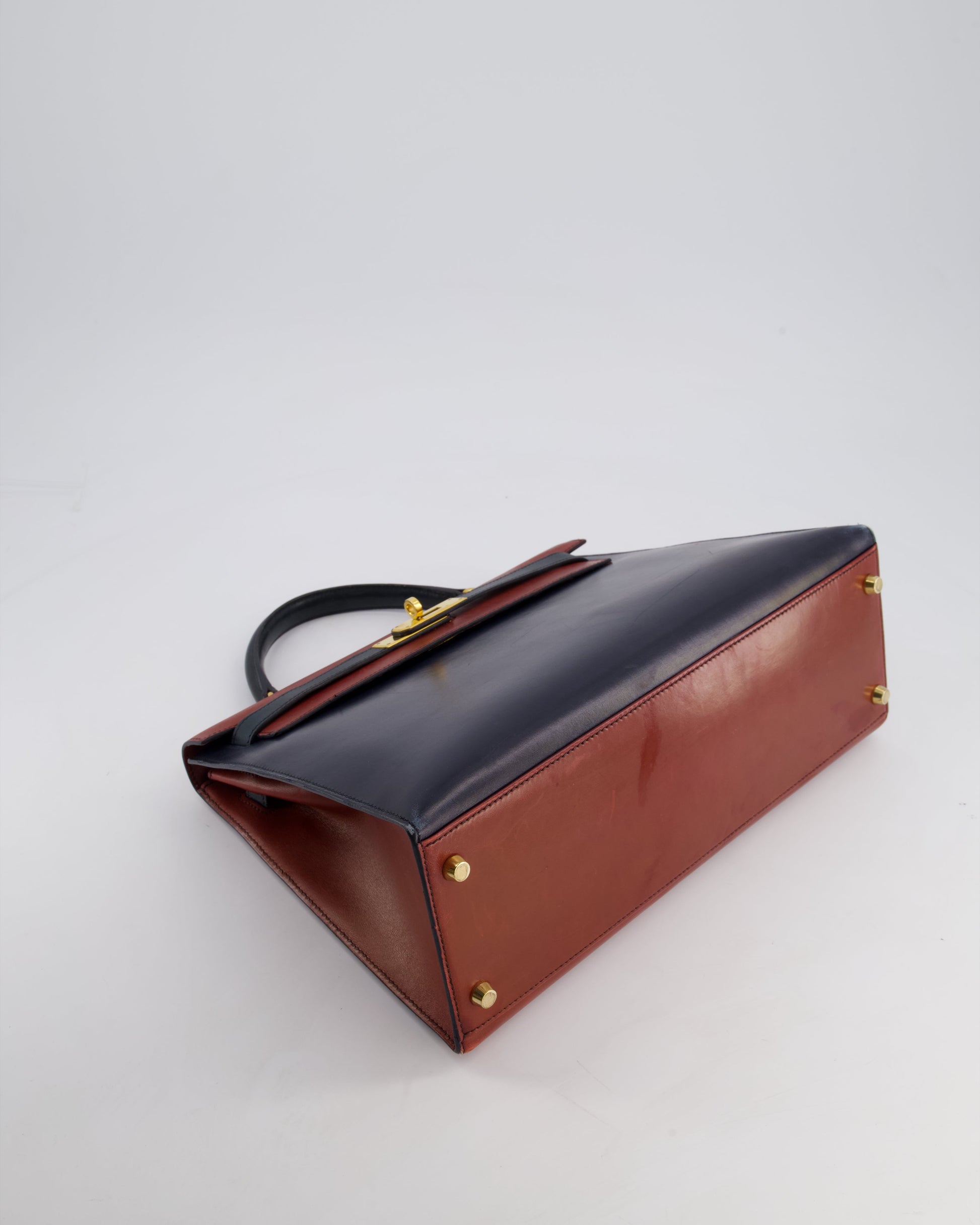 Hermes Vintage Tri-Colour Kelly 32cm Bag in Rouge H, Bleu Indigo and Vert Fonce Box Leather with Gold Hardware