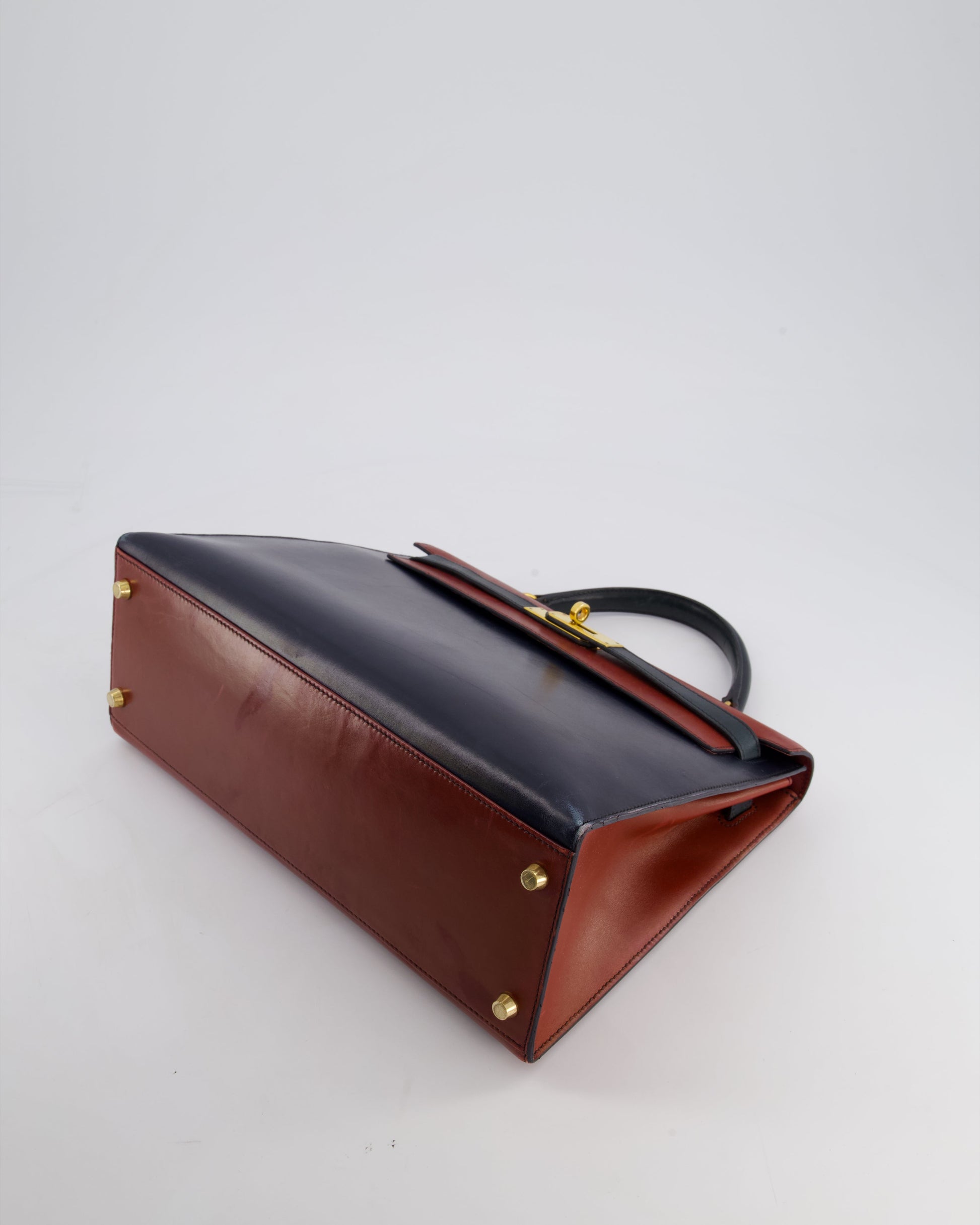 Hermes Vintage Tri-Colour Kelly 32cm Bag in Rouge H, Bleu Indigo and Vert Fonce Box Leather with Gold Hardware