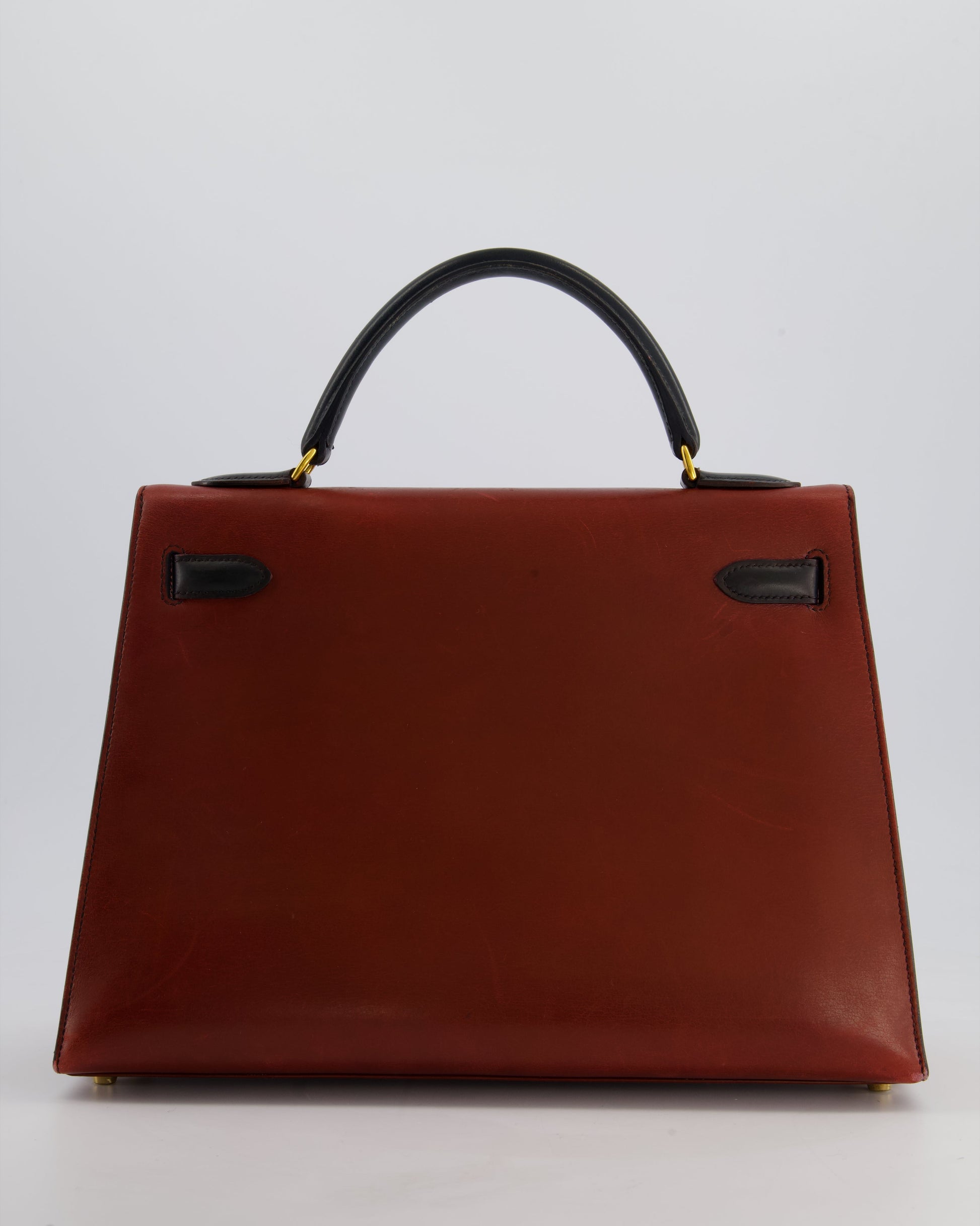 Hermes Vintage Tri-Colour Kelly 32cm Bag in Rouge H, Bleu Indigo and Vert Fonce Box Leather with Gold Hardware