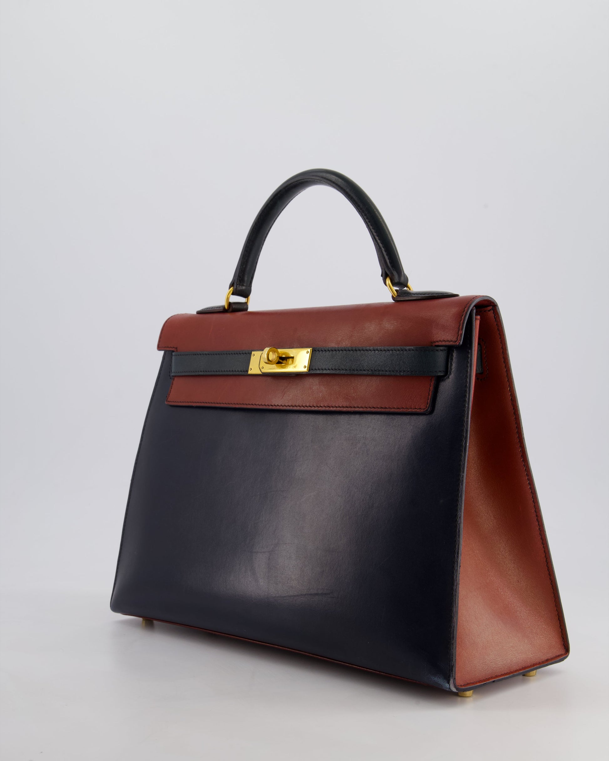 Hermes Vintage Tri-Colour Kelly 32cm Bag in Rouge H, Bleu Indigo and Vert Fonce Box Leather with Gold Hardware