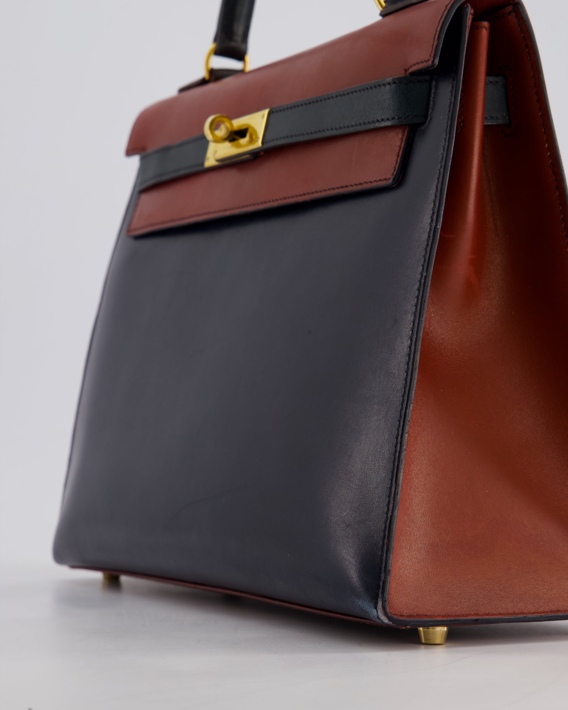 Hermes Vintage Tri-Colour Kelly 32cm Bag in Rouge H, Bleu Indigo and Vert Fonce Box Leather with Gold Hardware