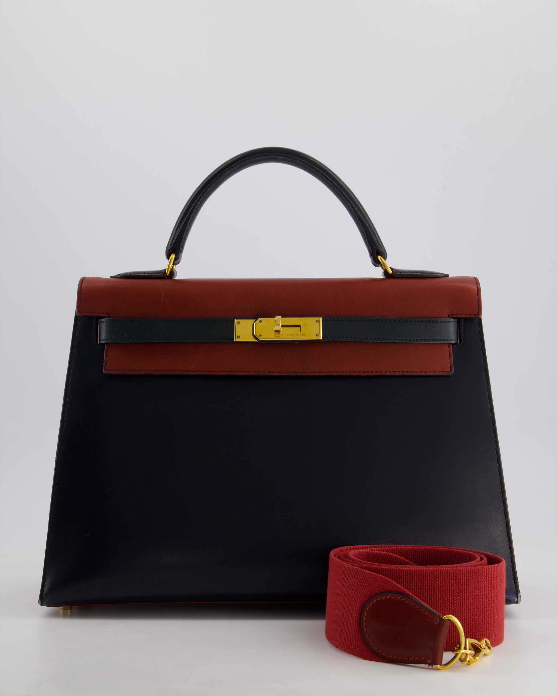 Hermes Vintage Tri-Colour Kelly 32cm Bag in Rouge H, Bleu Indigo and Vert Fonce Box Leather with Gold Hardware