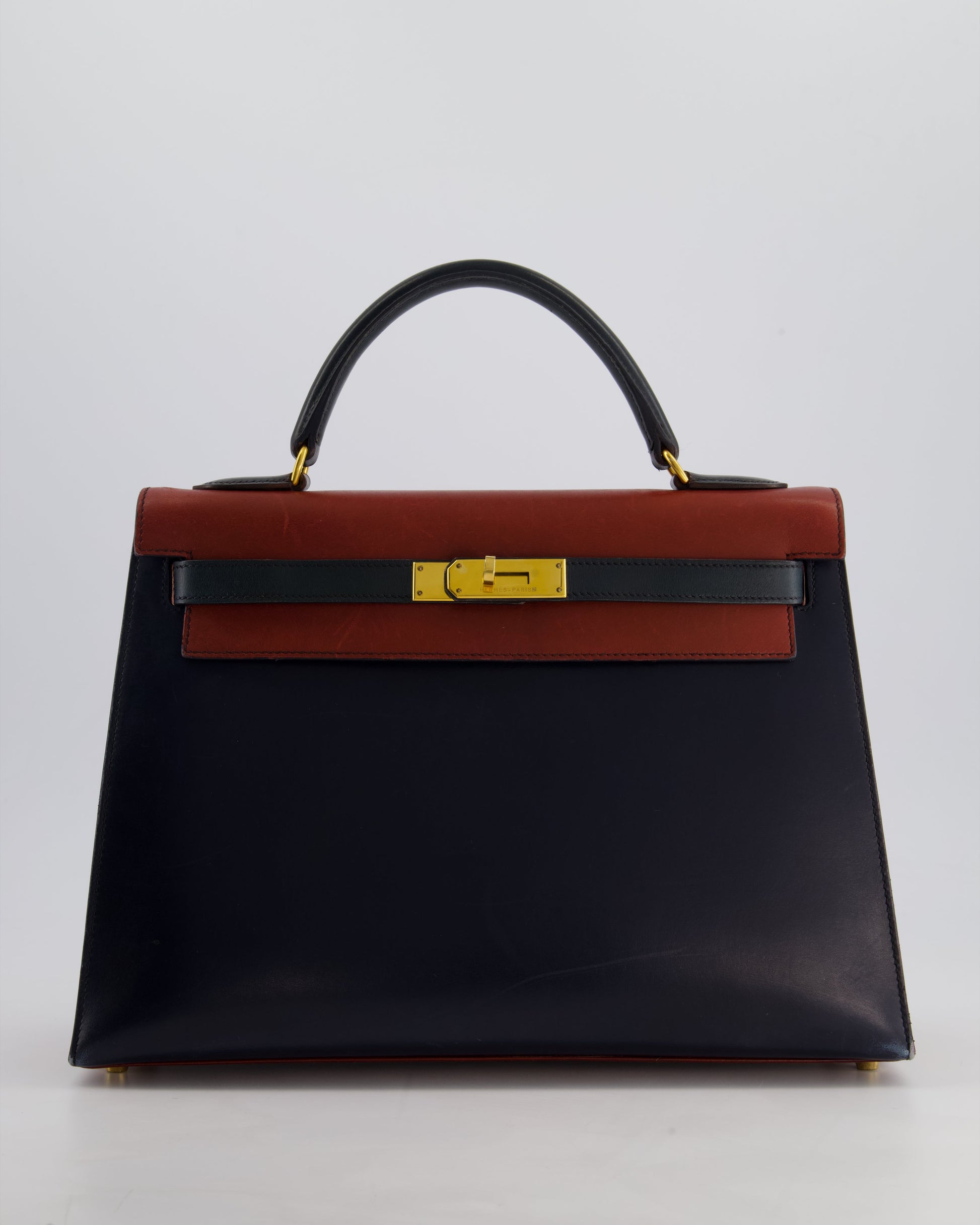 Hermes Vintage Tri-Colour Kelly 32cm Bag in Rouge H, Bleu Indigo and Vert Fonce Box Leather with Gold Hardware