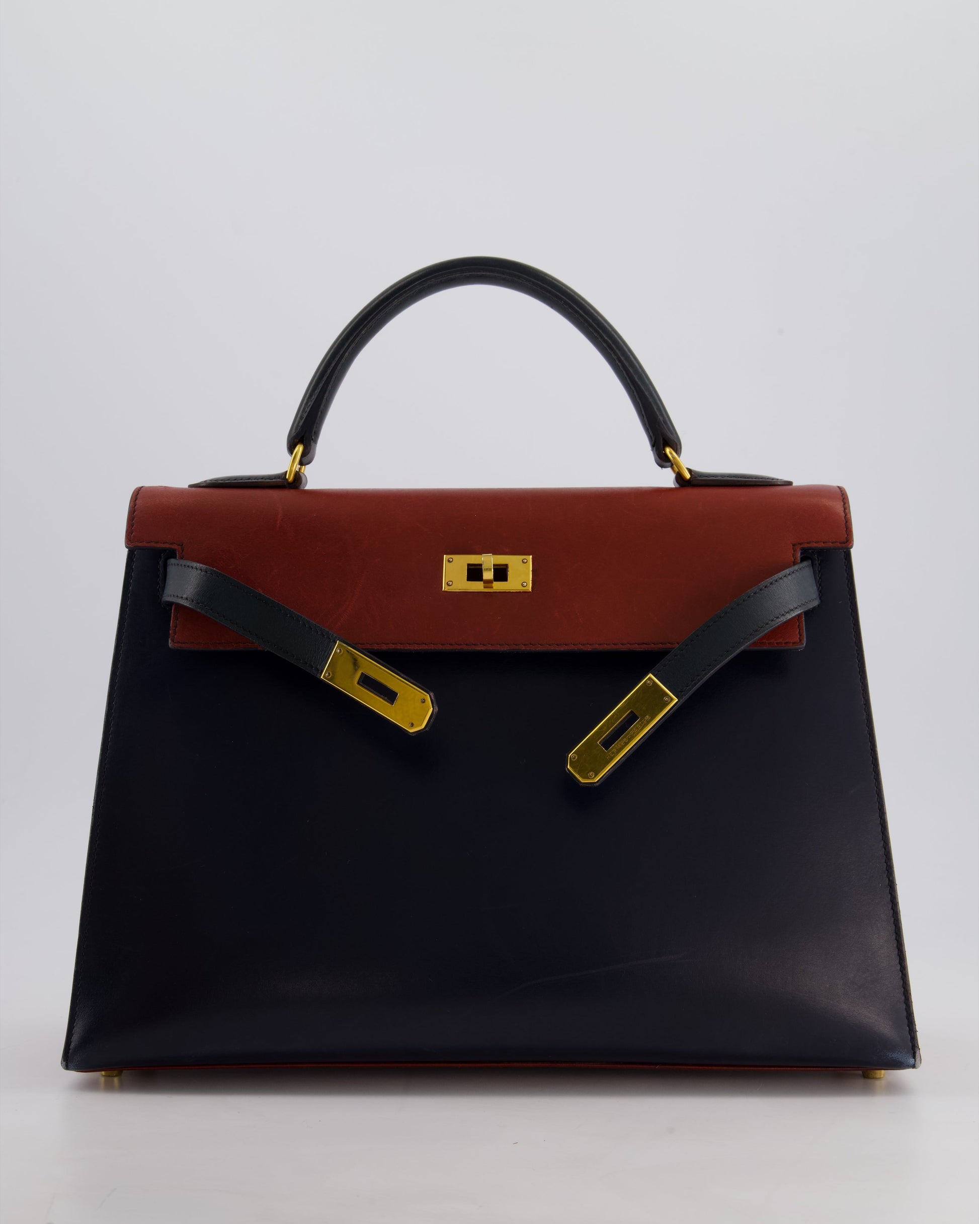 Hermes Vintage Tri-Colour Kelly 32cm Bag in Rouge H, Bleu Indigo and Vert Fonce Box Leather with Gold Hardware
