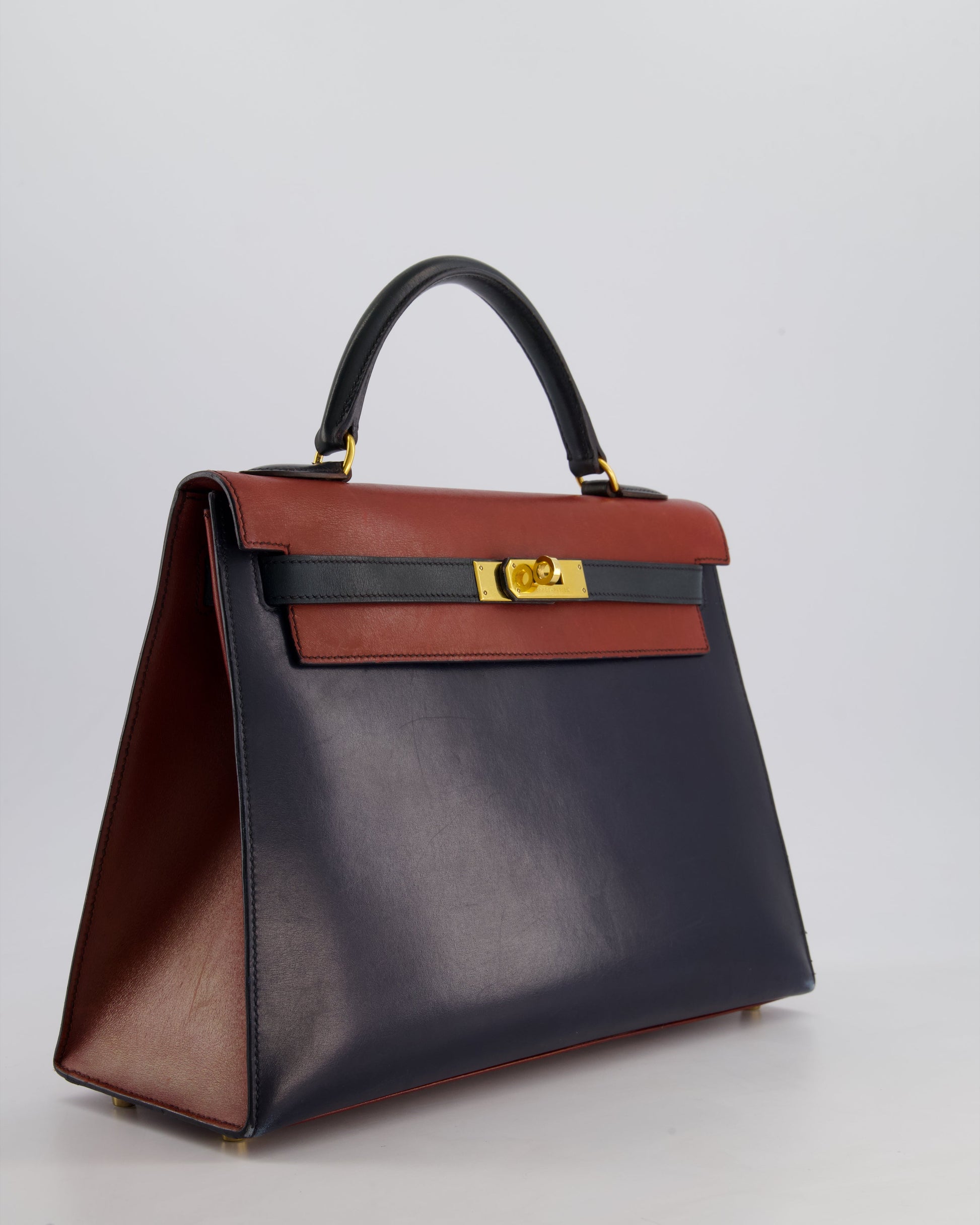 Hermes Vintage Tri-Colour Kelly 32cm Bag in Rouge H, Bleu Indigo and Vert Fonce Box Leather with Gold Hardware