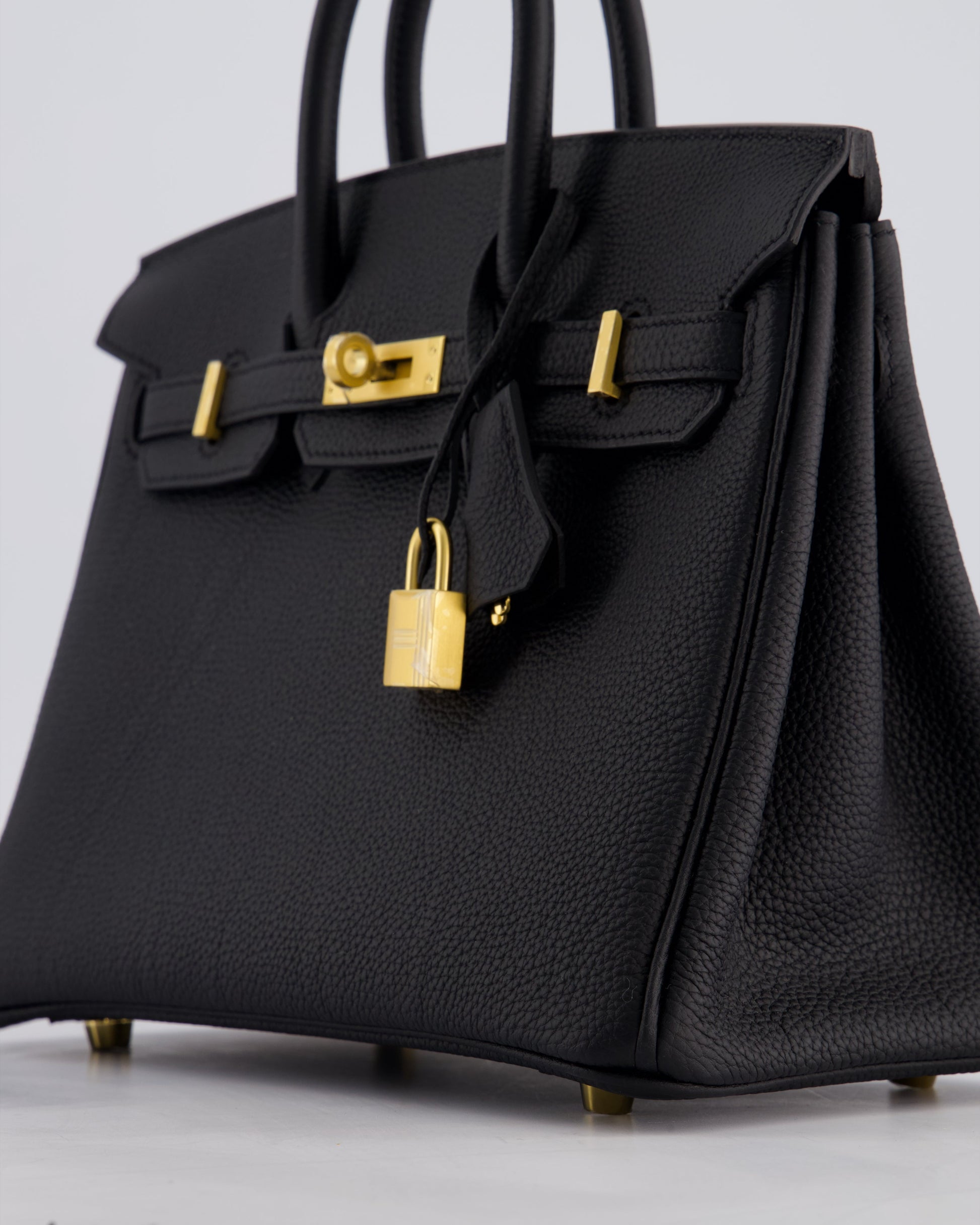 Hermes Birkin 25 Retourne Bag in Noir Togo Leather with Brushed Gold Hardware