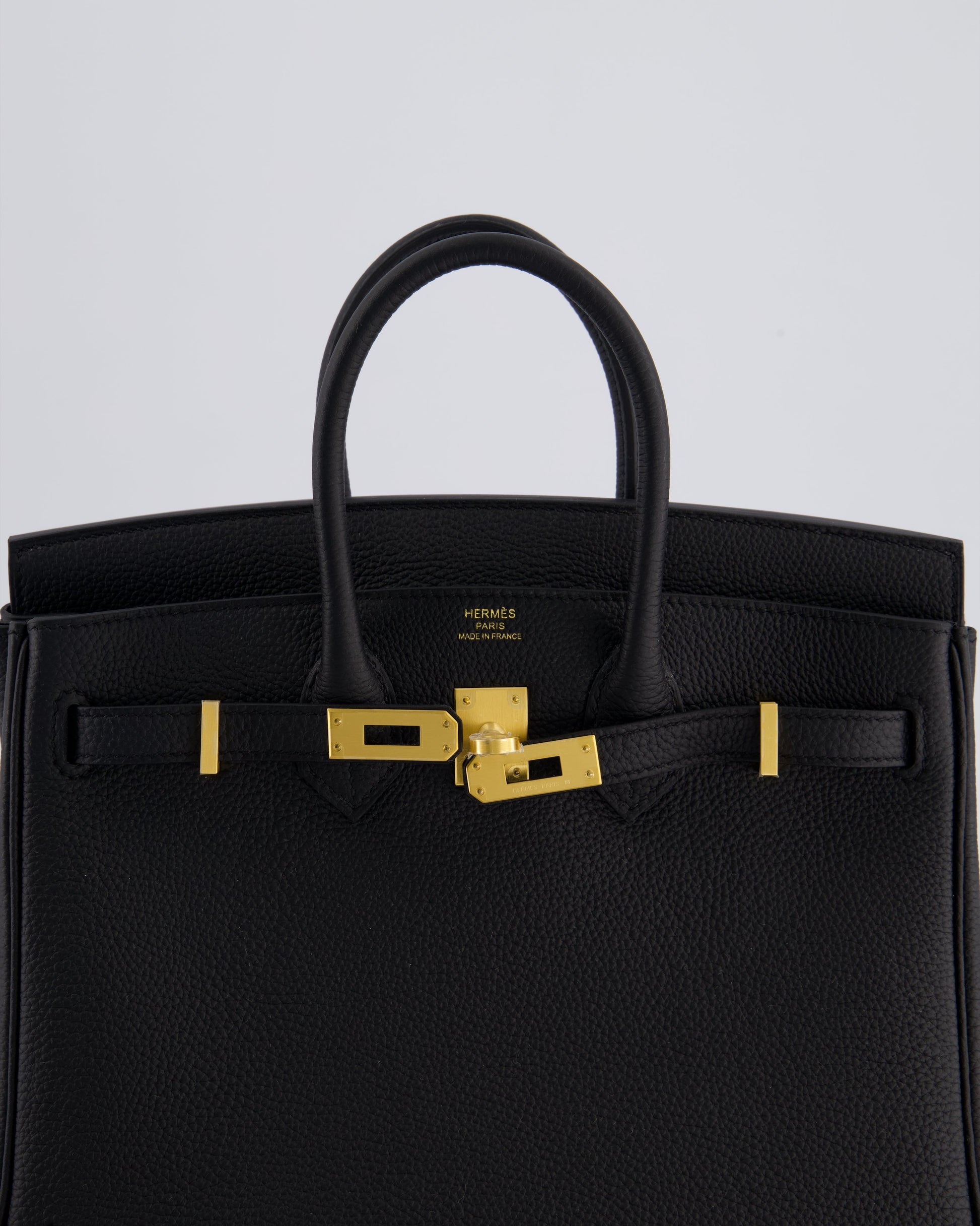Hermes Birkin 25 Retourne Bag in Noir Togo Leather with Brushed Gold Hardware
