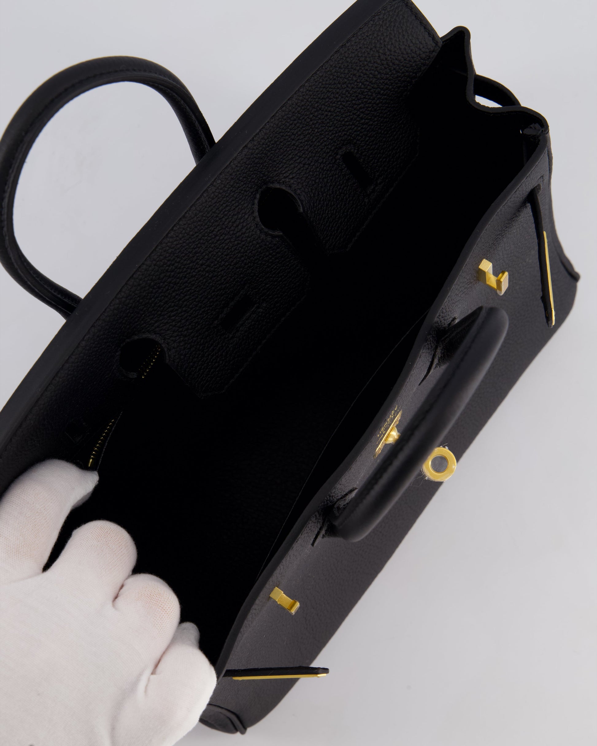 Hermes Birkin 25 Retourne Bag in Noir Togo Leather with Brushed Gold Hardware