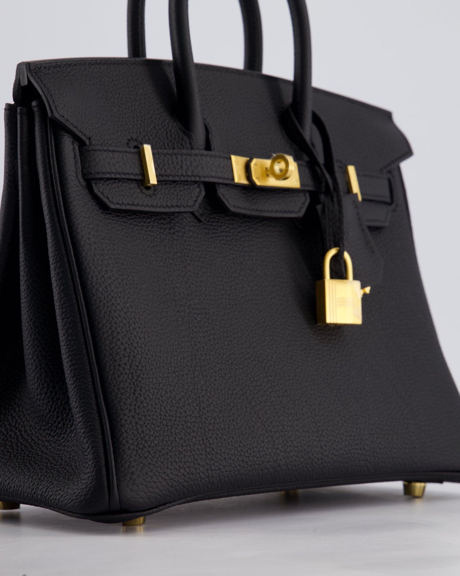 Hermes Birkin 25 Retourne Bag in Noir Togo Leather with Brushed Gold Hardware