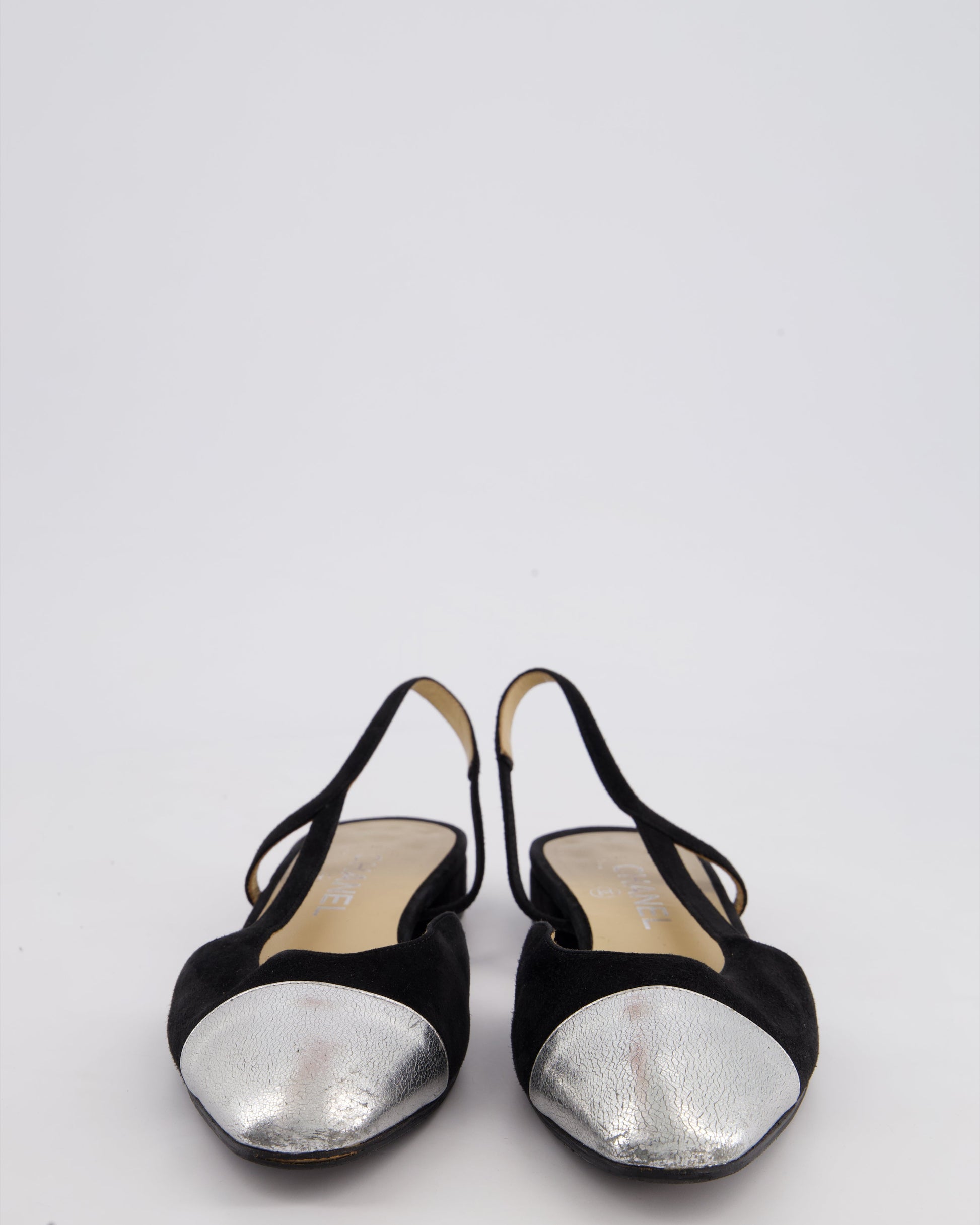 Chanel Black & Silver Suede Flat Slingback Shoes with Silver CC Detail Size 39
