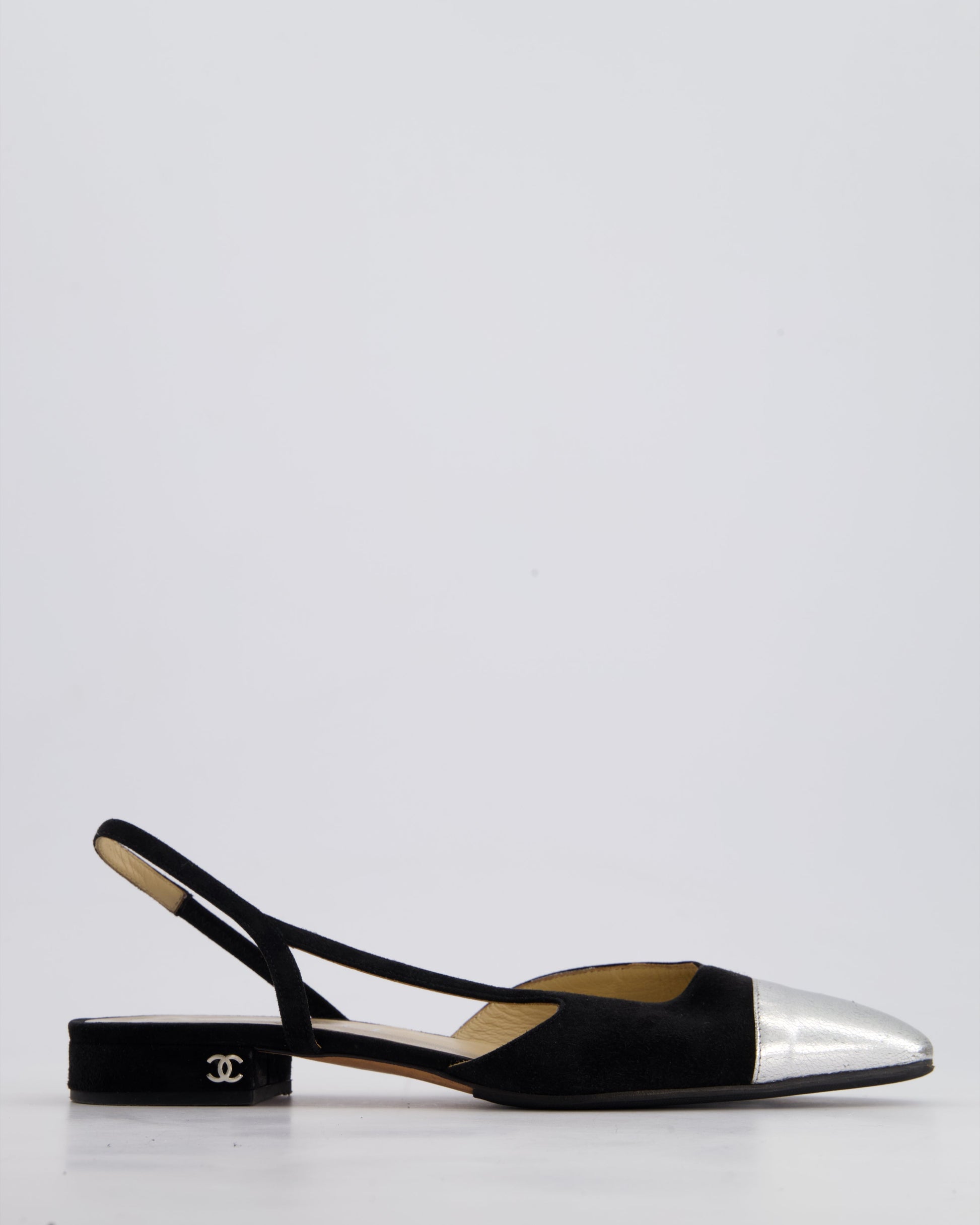 Chanel Black & Silver Suede Flat Slingback Shoes with Silver CC Detail Size 39
