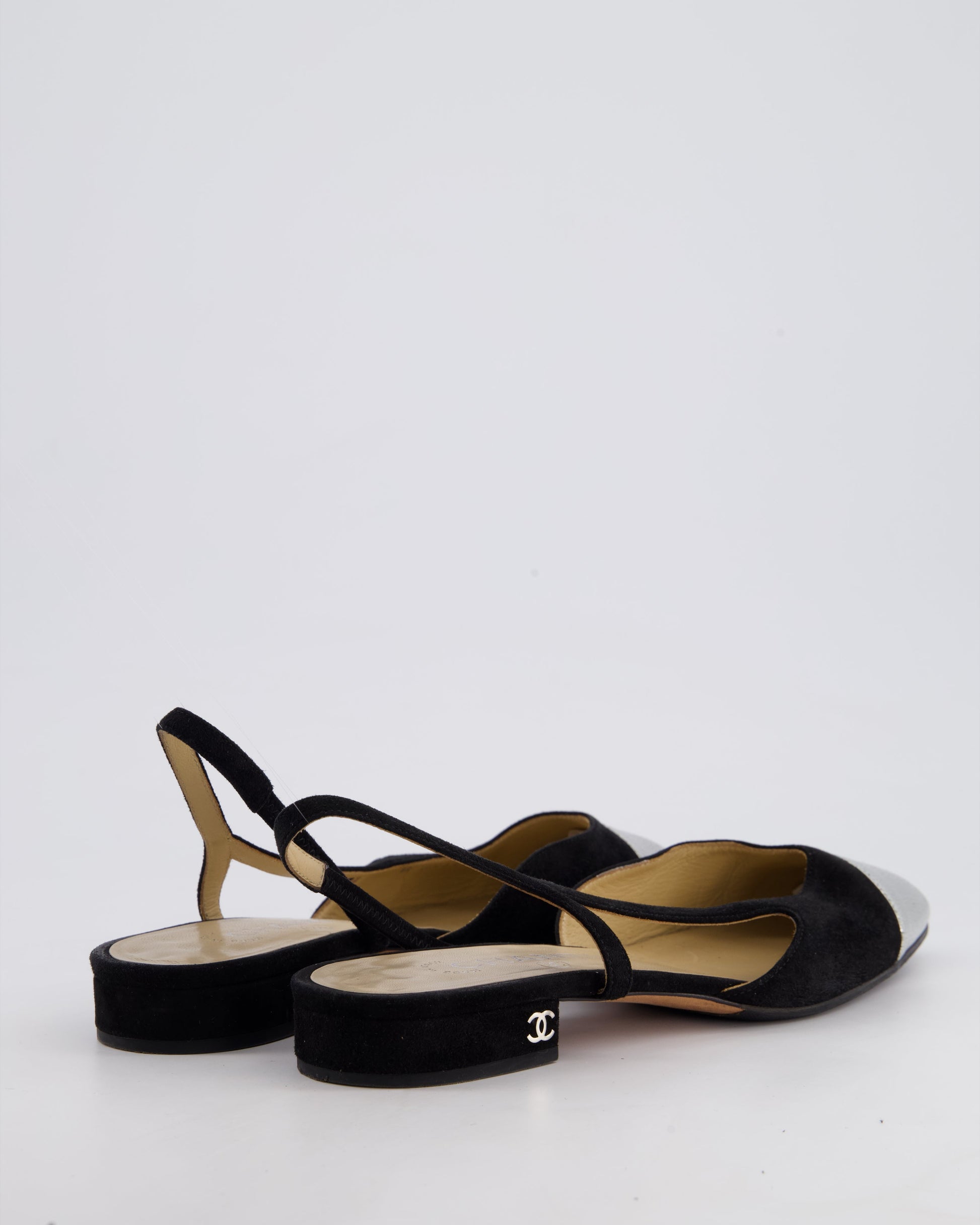 Chanel Black & Silver Suede Flat Slingback Shoes with Silver CC Detail Size 39