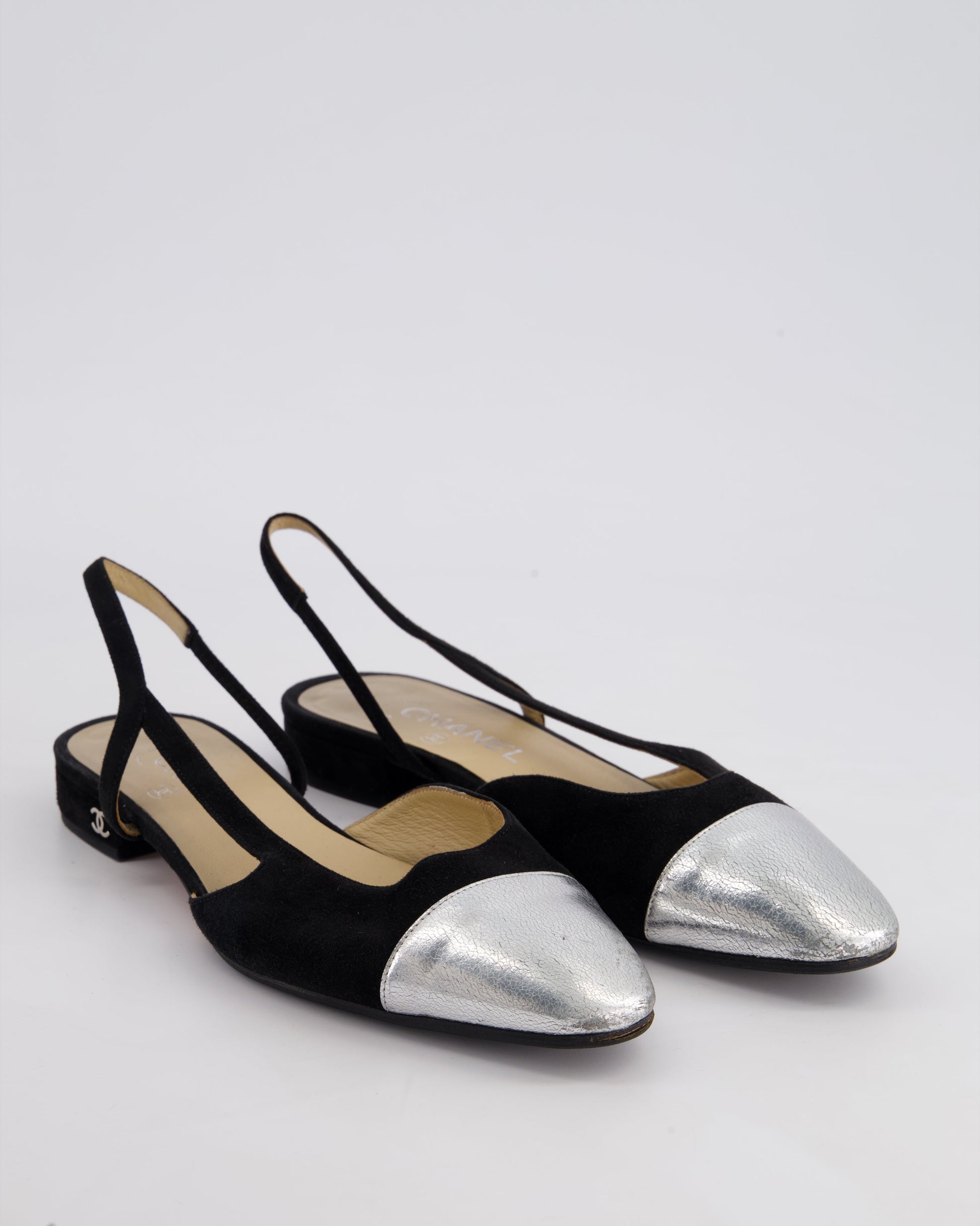 Chanel Black & Silver Suede Flat Slingback Shoes with Silver CC Detail Size 39