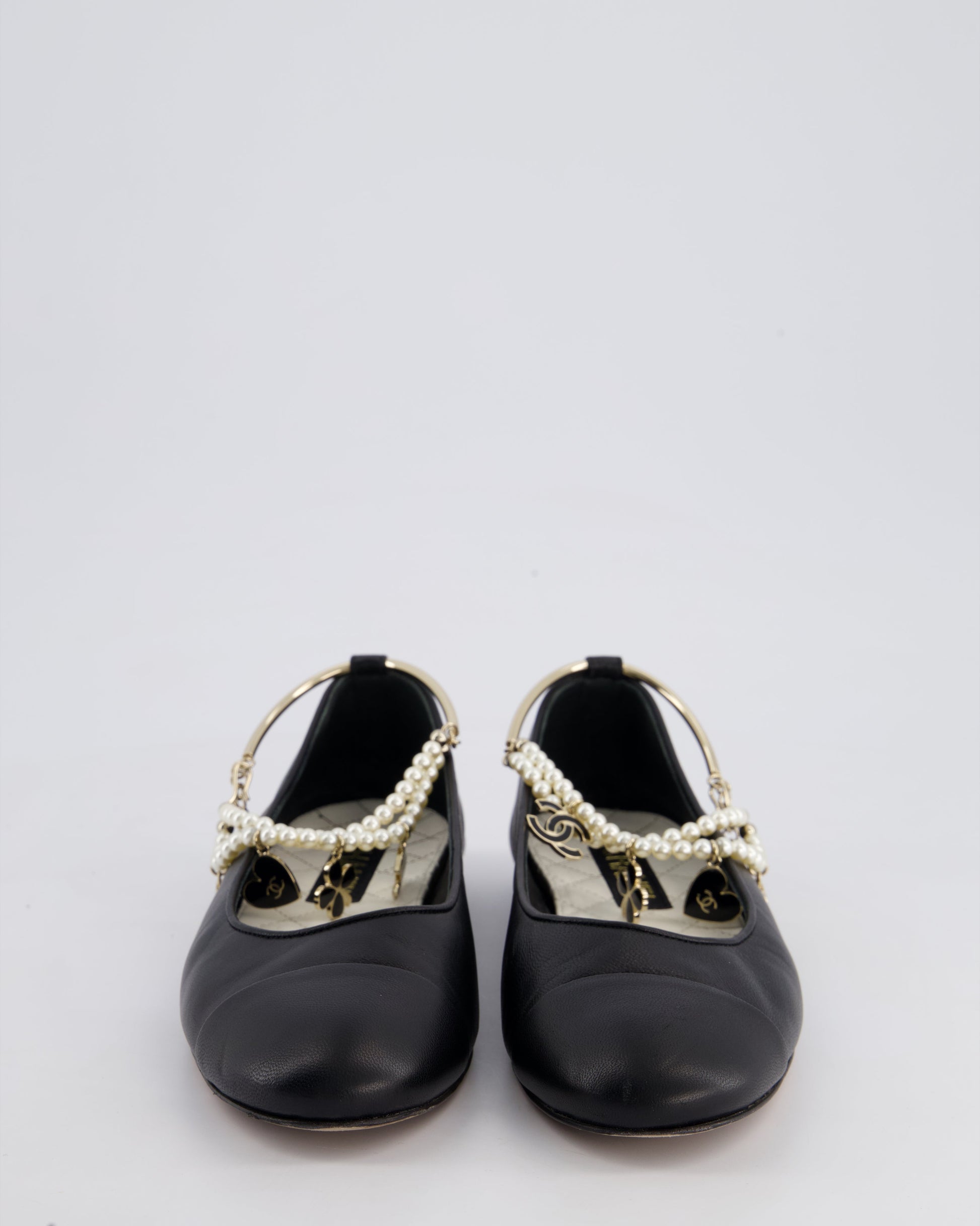 Chanel Black Ballerina Shoes In Leather with CC & Camelia Charms Ankle Strap Detail Size EU 39