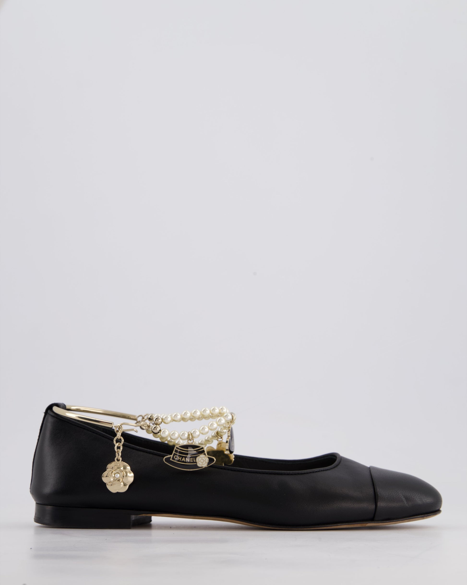 Chanel Black Ballerina Shoes In Leather with CC & Camelia Charms Ankle Strap Detail Size EU 39