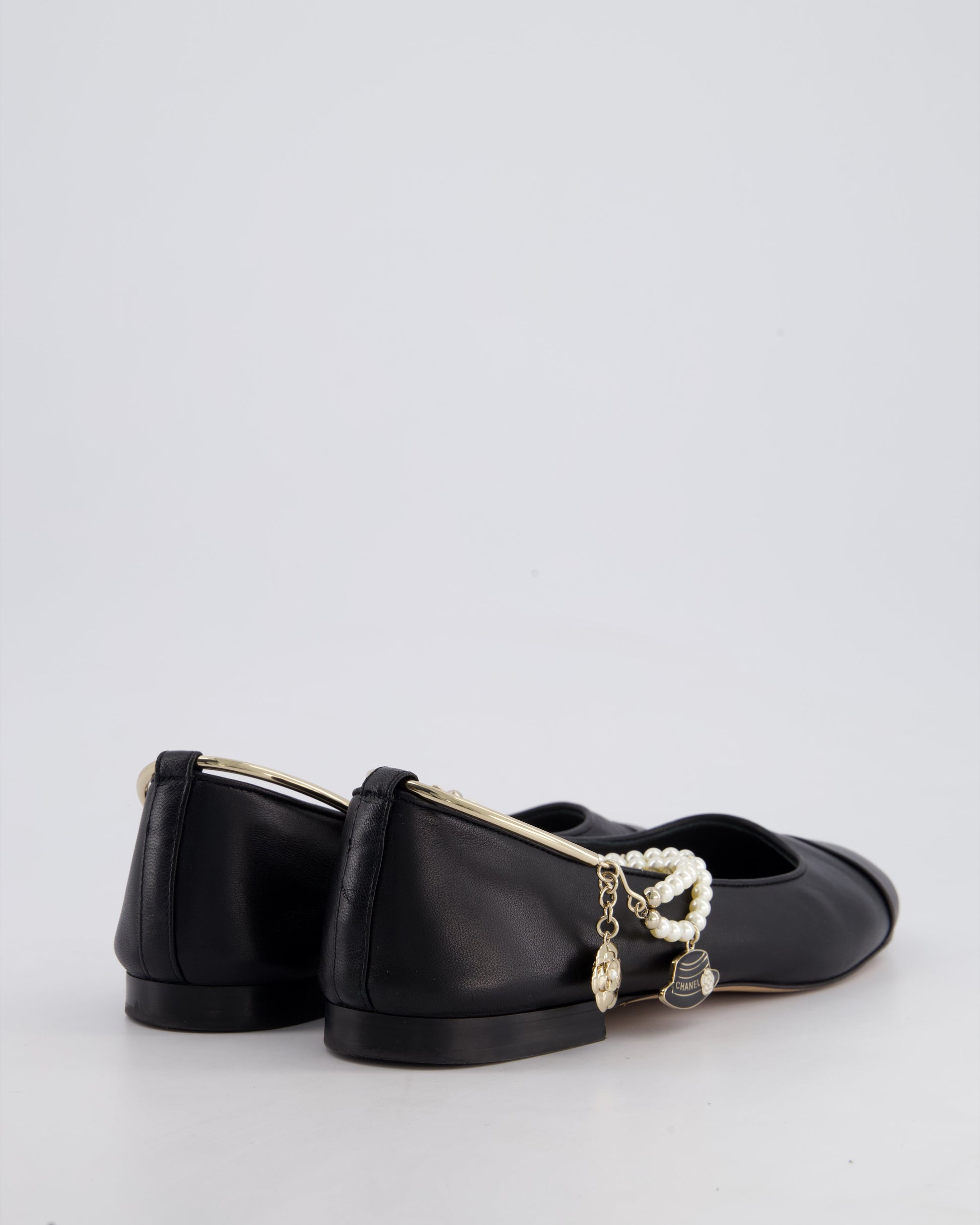 Chanel Black Ballerina Shoes In Leather with CC & Camelia Charms Ankle Strap Detail Size EU 39
