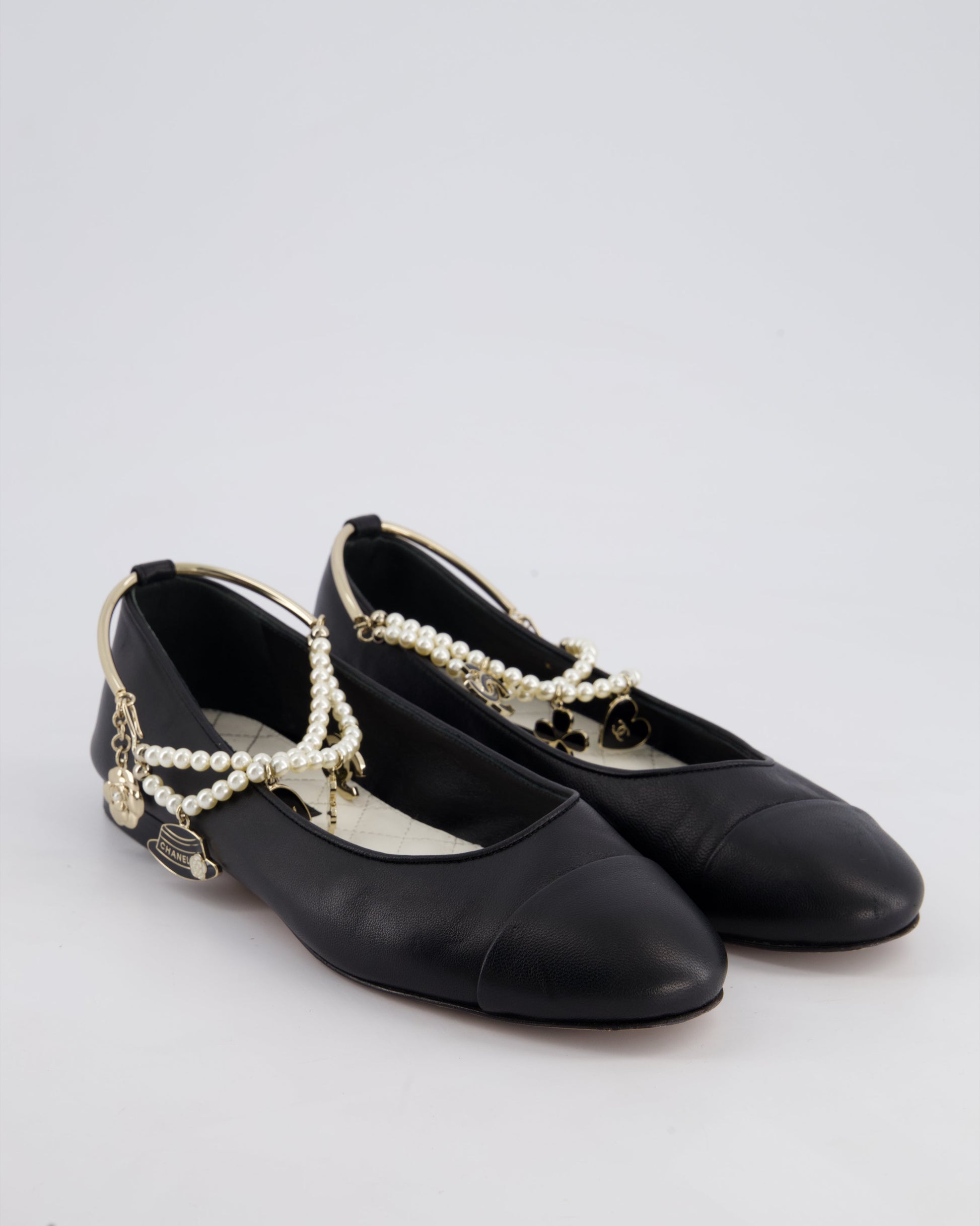 Chanel Black Ballerina Shoes In Leather with CC & Camelia Charms Ankle Strap Detail Size EU 39
