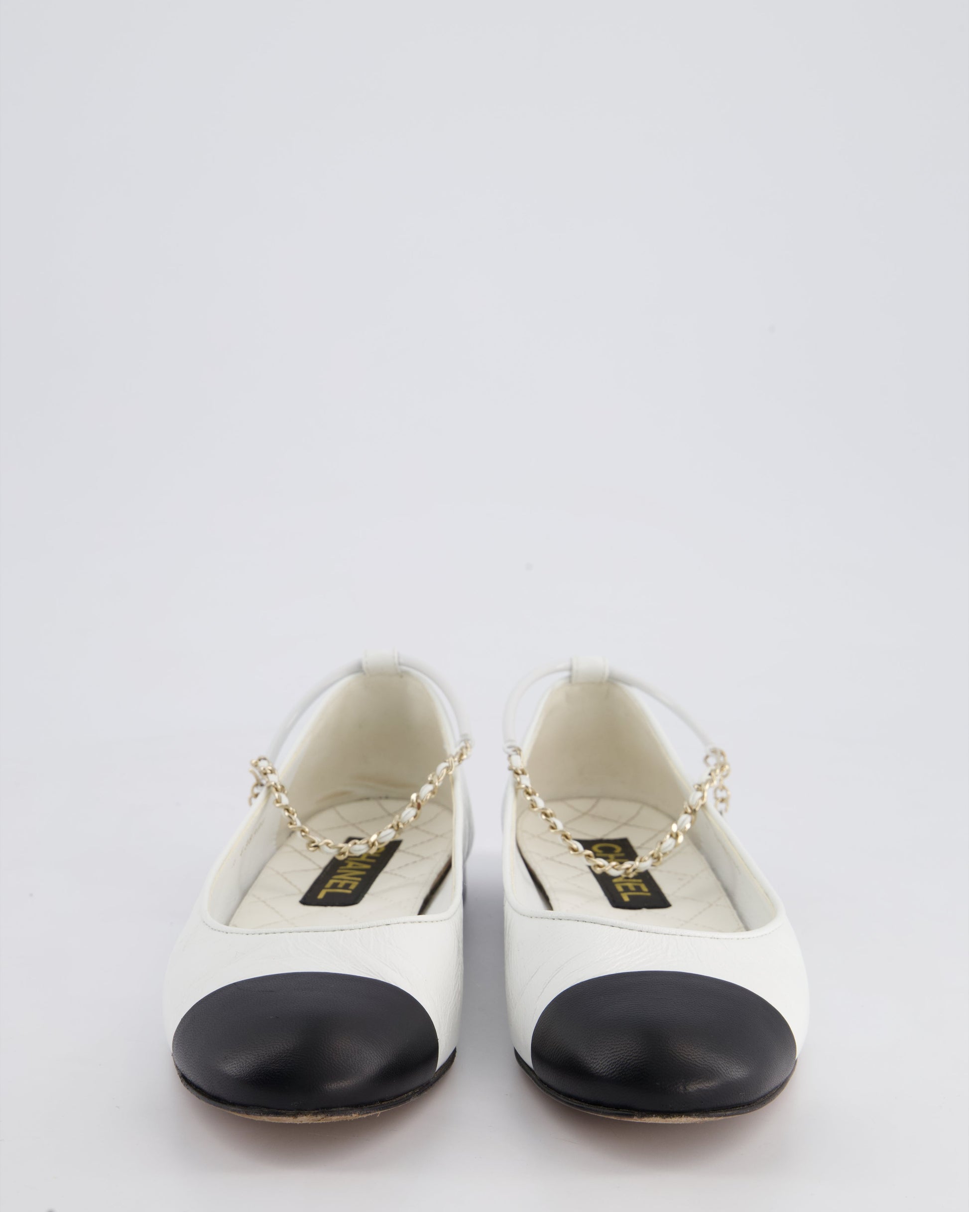 Chanel White & Black Ballerina Shoes In Aged Patent Leather with CC Charm Ankle Strap Detail Size EU 39