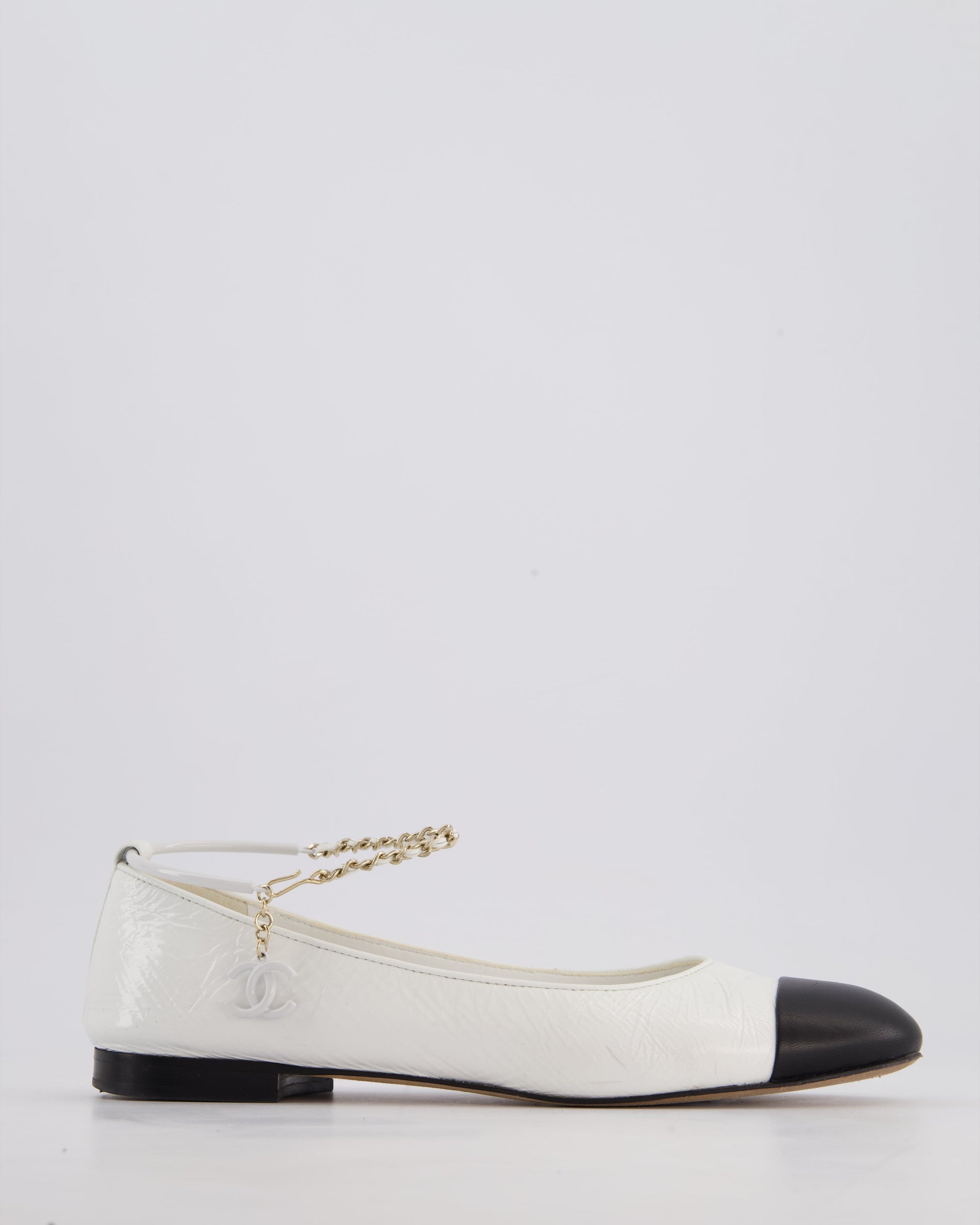 Chanel White & Black Ballerina Shoes In Aged Patent Leather with CC Charm Ankle Strap Detail Size EU 39