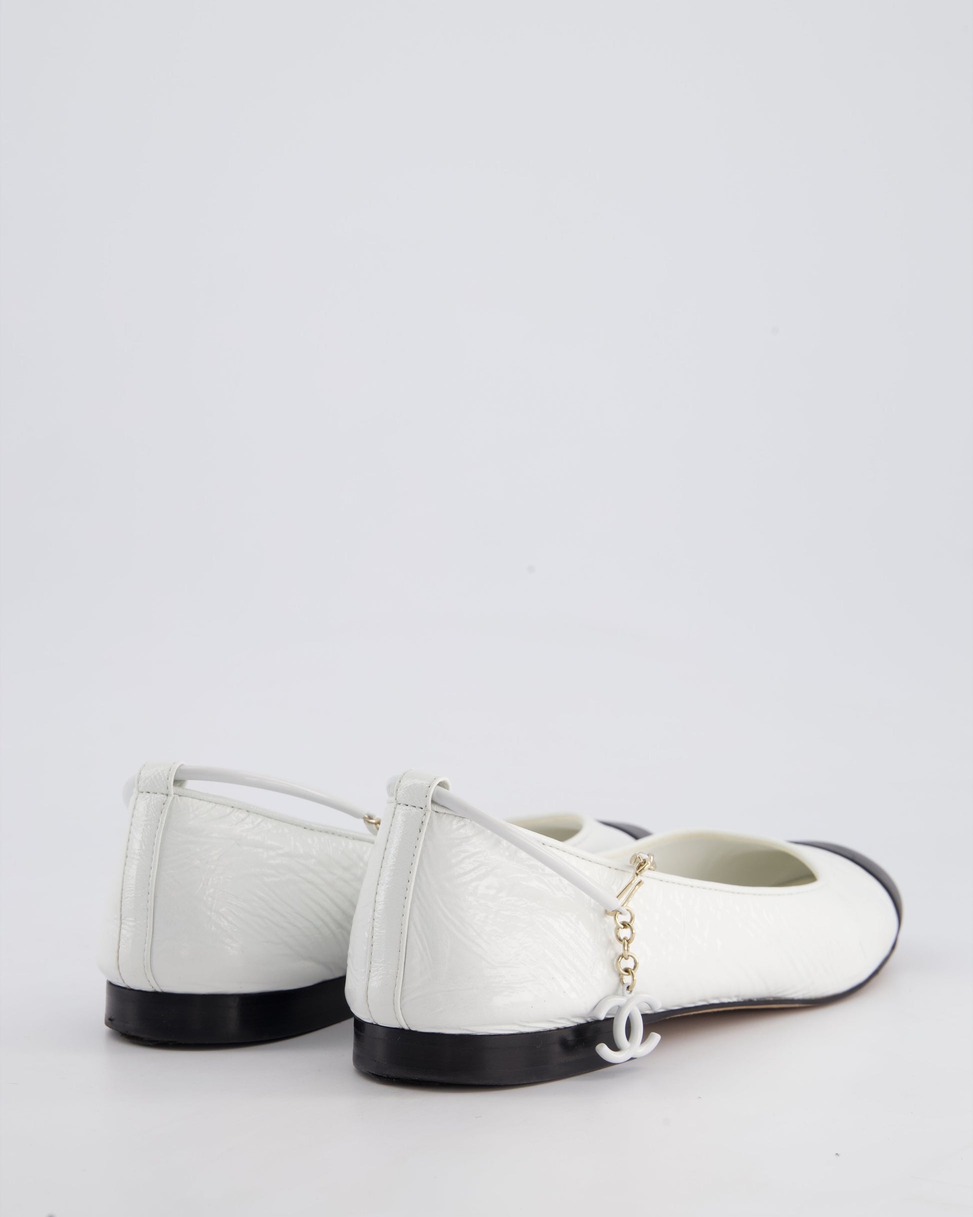 Chanel White & Black Ballerina Shoes In Aged Patent Leather with CC Charm Ankle Strap Detail Size EU 39