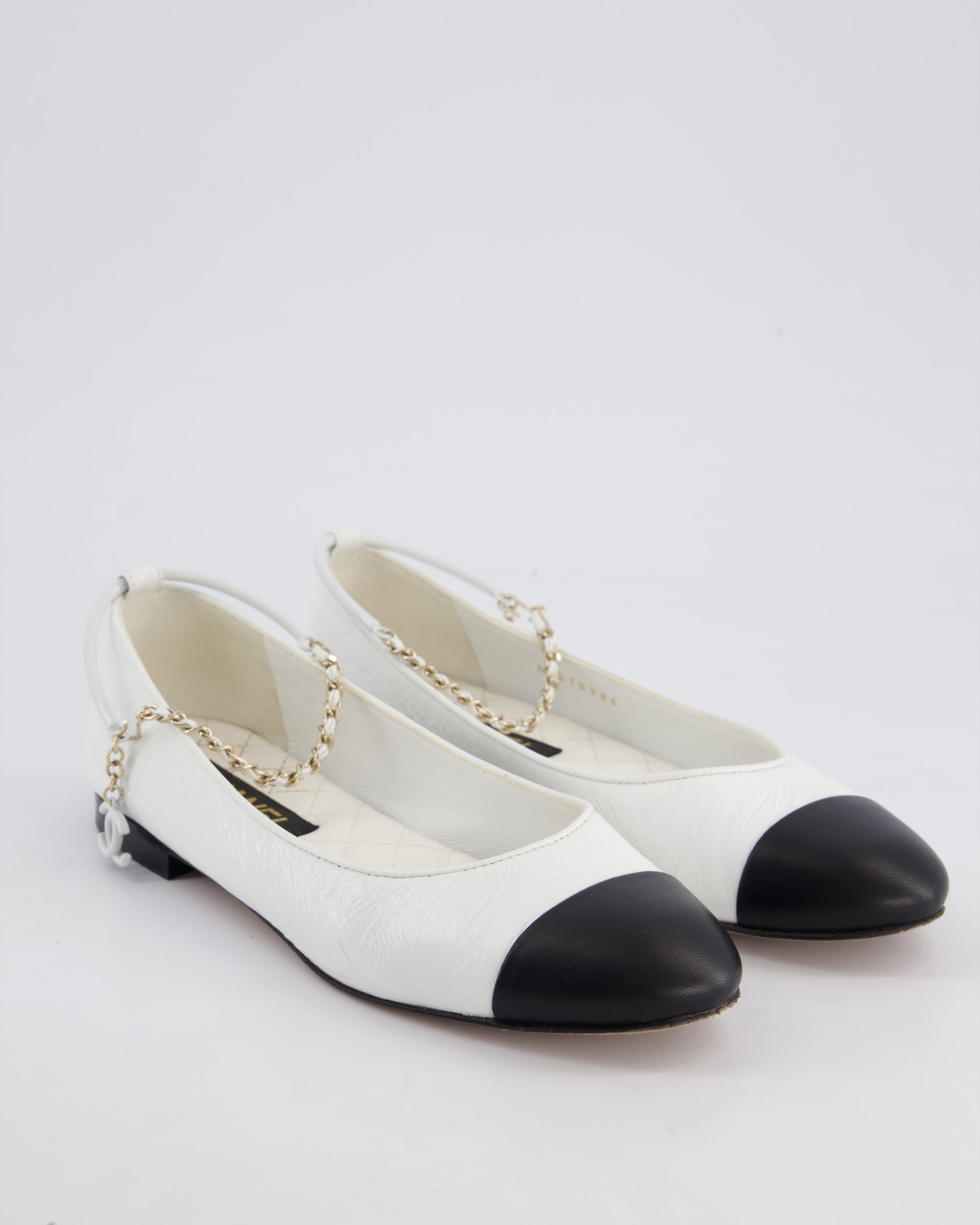 Chanel White & Black Ballerina Shoes In Aged Patent Leather with CC Charm Ankle Strap Detail Size EU 39