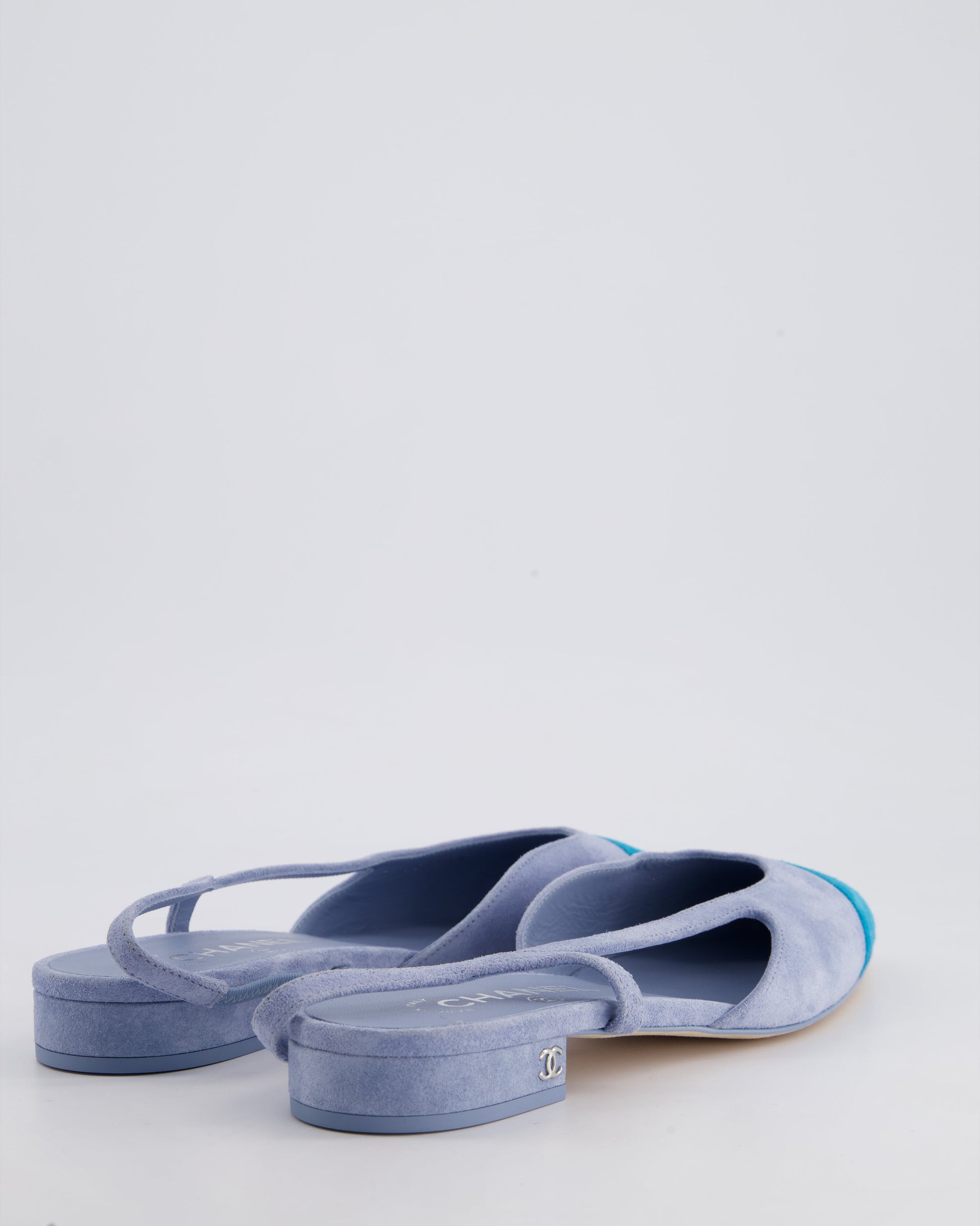 Chanel Baby Blue Suede Leather Flat Slingback Shoes with Silver CC Detail Size 39.5C