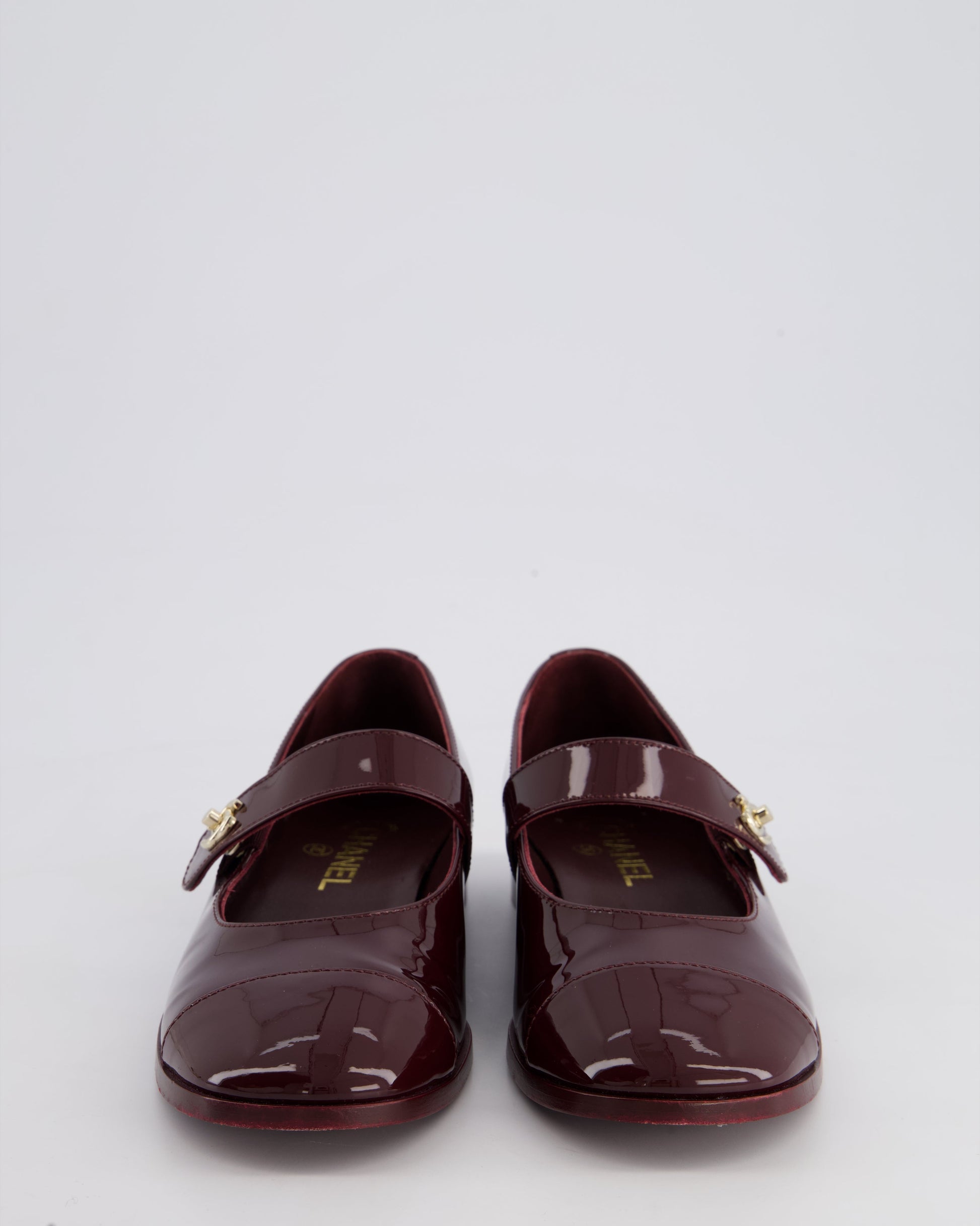 Chanel Burgundy Mary Jane Flat Shoes in Patent Leather with Gold CC Detail Size EU 39