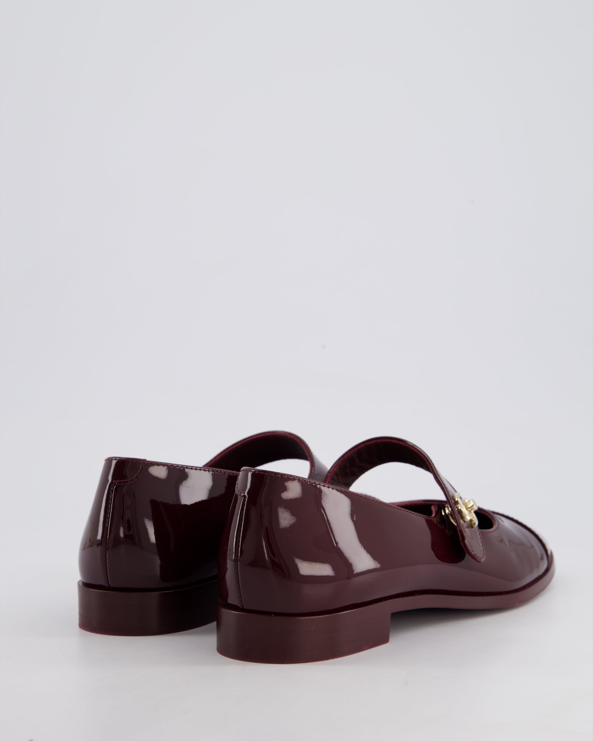Chanel Burgundy Mary Jane Flat Shoes in Patent Leather with Gold CC Detail Size EU 39
