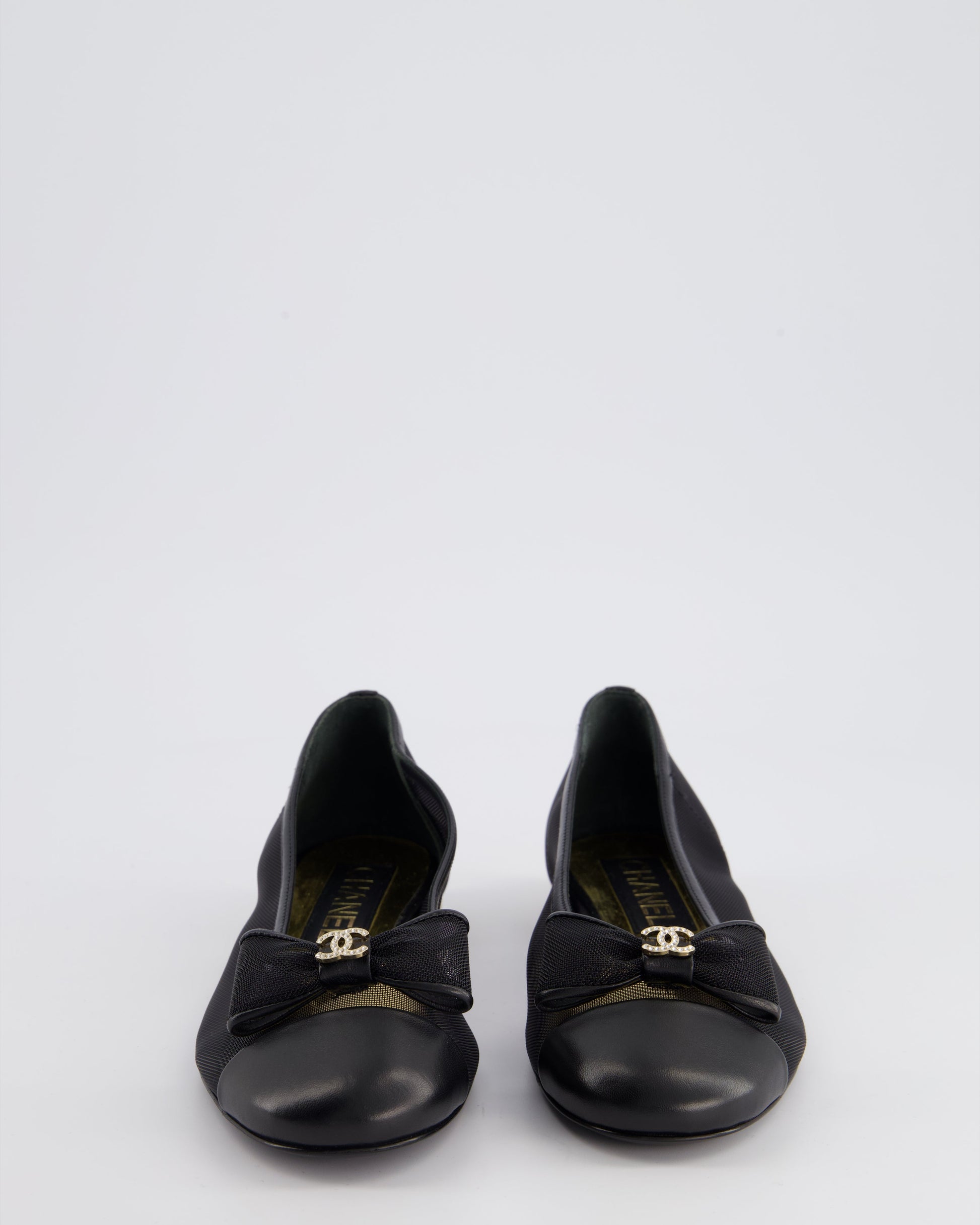 Chanel Black Ballerina Shoes in Mesh & Leather with Crystal CC Logo Size EU 35