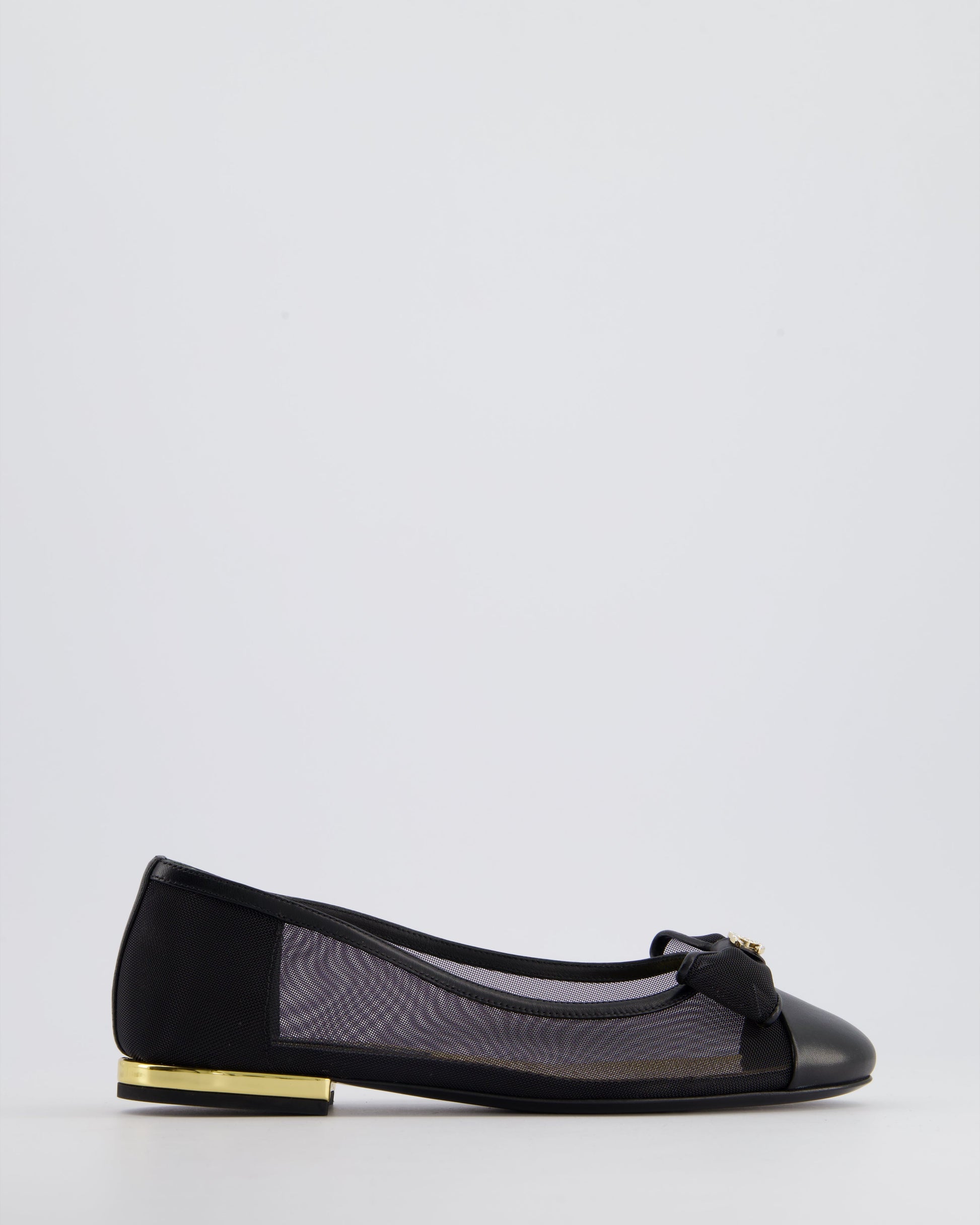 Chanel Black Ballerina Shoes in Mesh & Leather with Crystal CC Logo Size EU 35