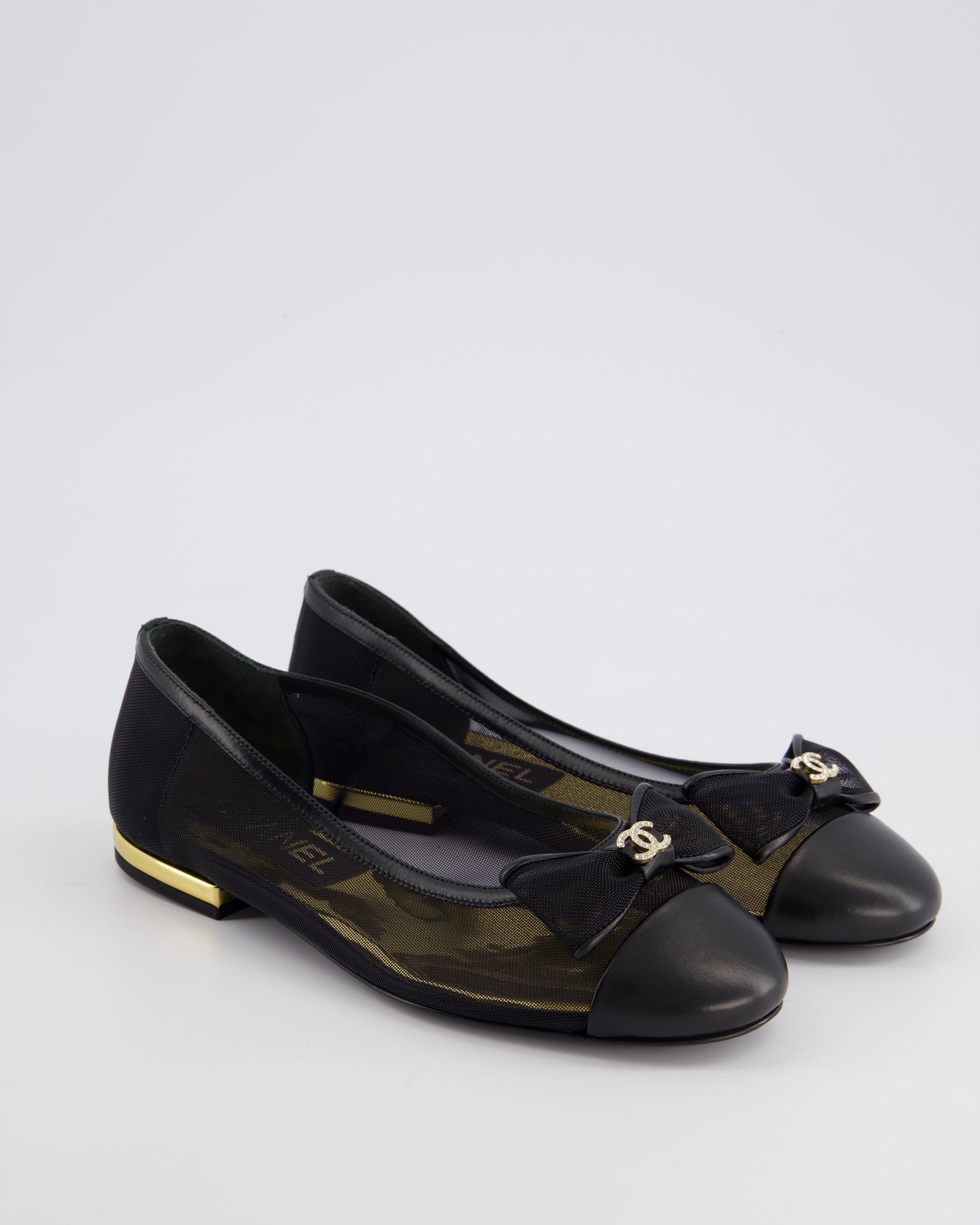 Chanel Black Ballerina Shoes in Mesh & Leather with Crystal CC Logo Size EU 35