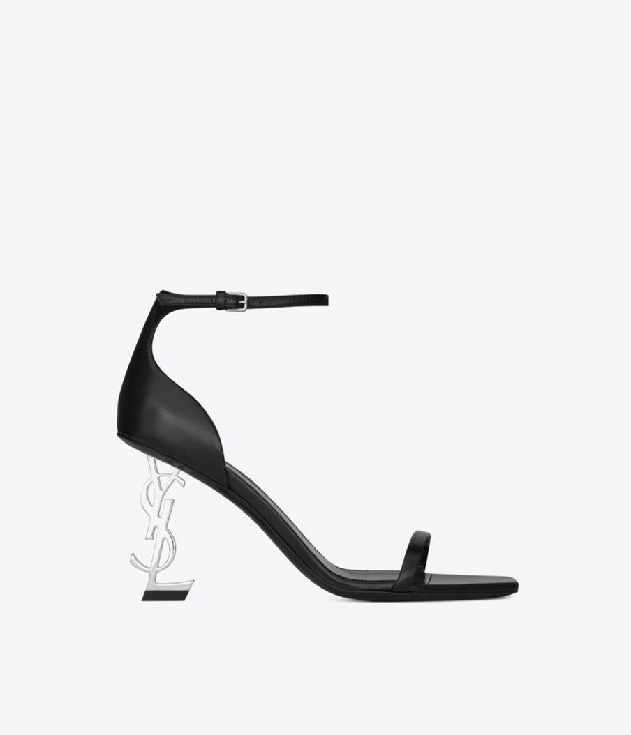 Saint Laurent Opyum Sandals in Black Smooth Leather with Silver-Toned Heel