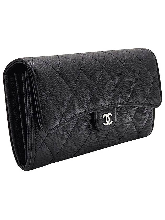 Chanel AP0241 Black Caviar Silver CC Logo Classic Long Flap Wallet