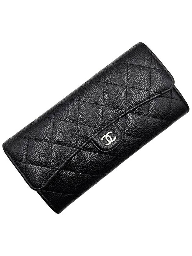 Chanel AP0241 Black Caviar Silver CC Logo Classic Long Flap Wallet