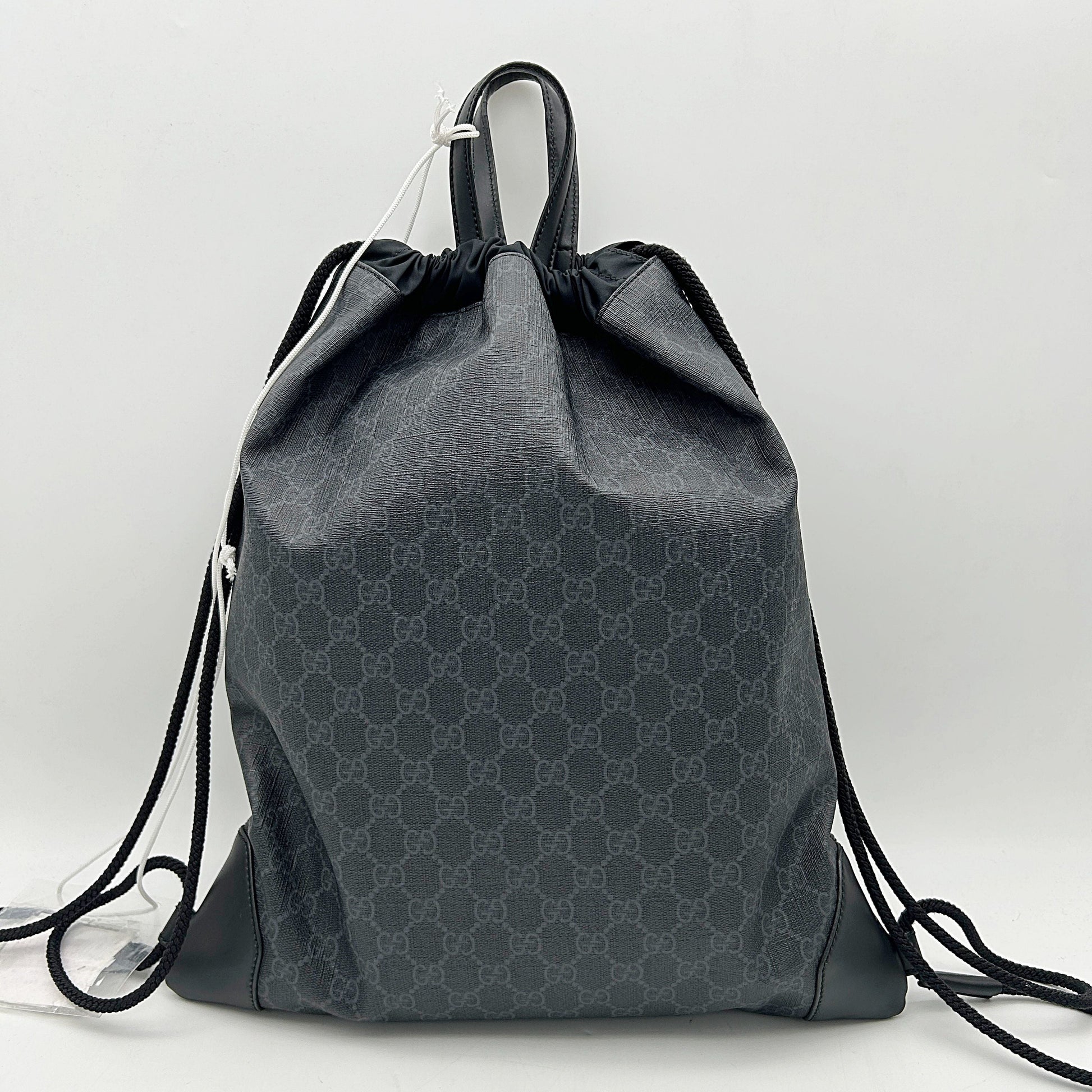 GUCCI Soft GG Supreme Monogram Appia Calfskin Web Drawstring Backpack Black LA2292