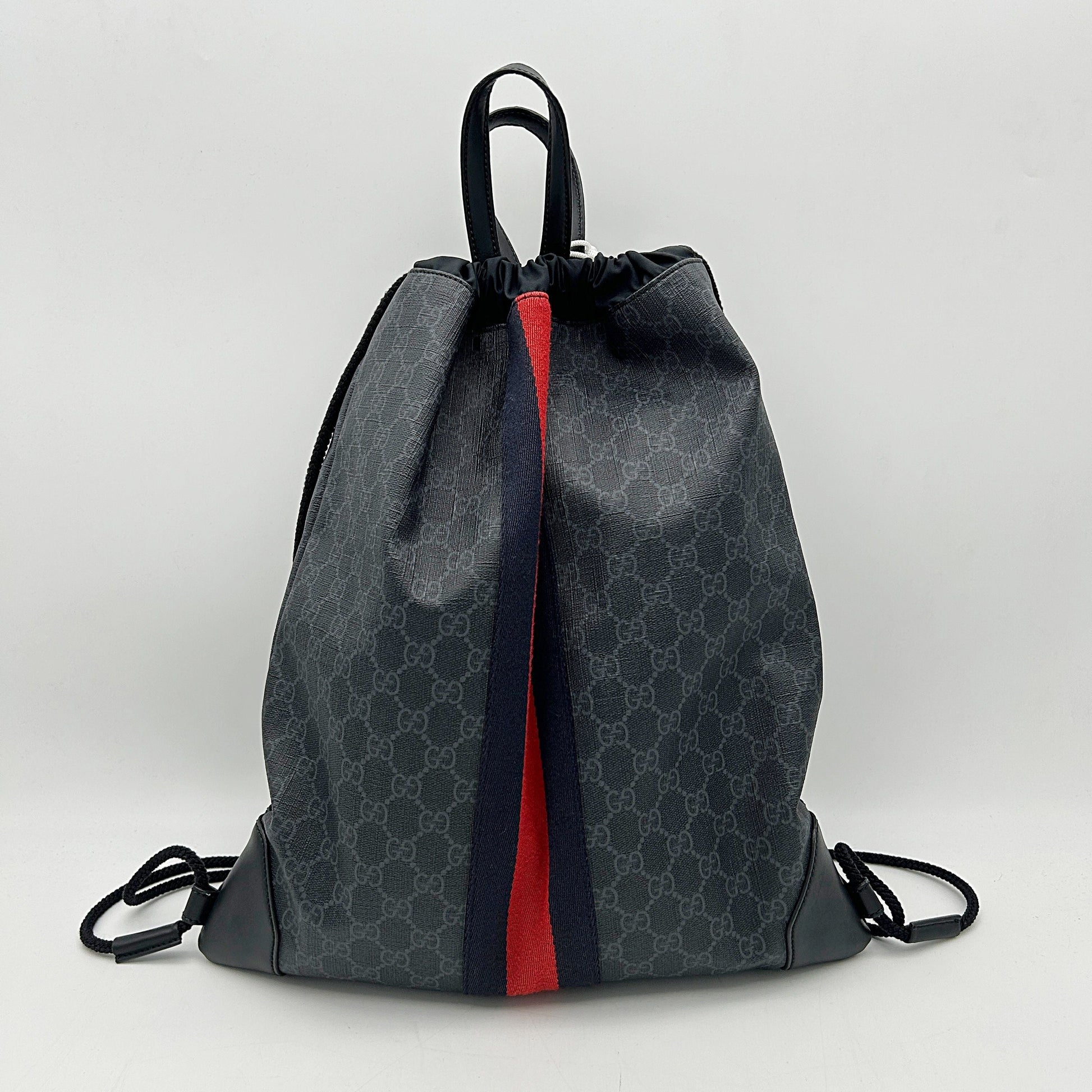 GUCCI Soft GG Supreme Monogram Appia Calfskin Web Drawstring Backpack Black LA2292