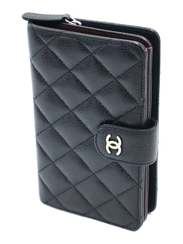 Chanel A48667 Black Caviar Silver CC Logo 2 tier Medium Wallet 18th