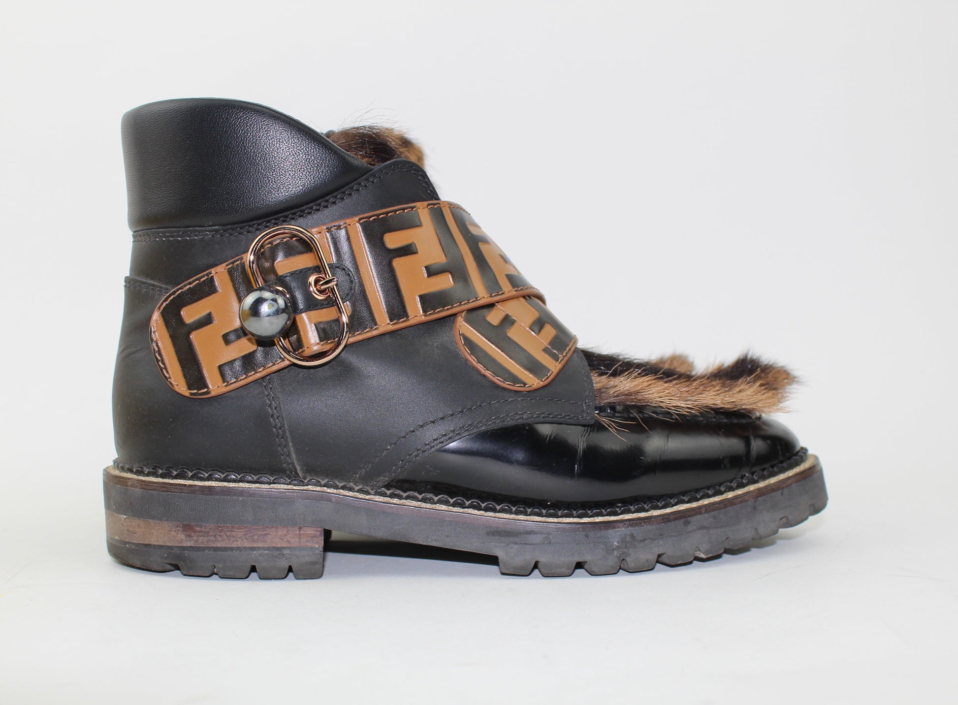 FENDI WOMEN'S FUR-TRIMMED LEATHER ANKLE BOOTS