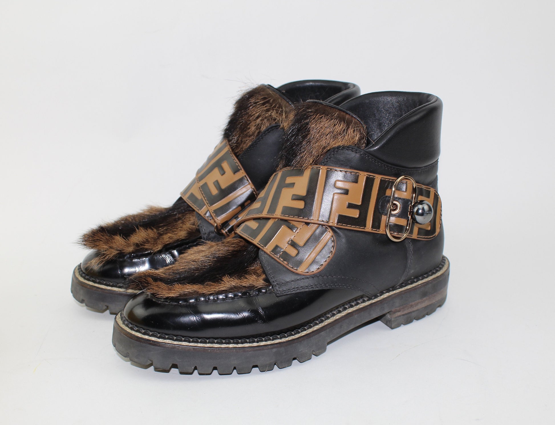 FENDI WOMEN'S FUR-TRIMMED LEATHER ANKLE BOOTS