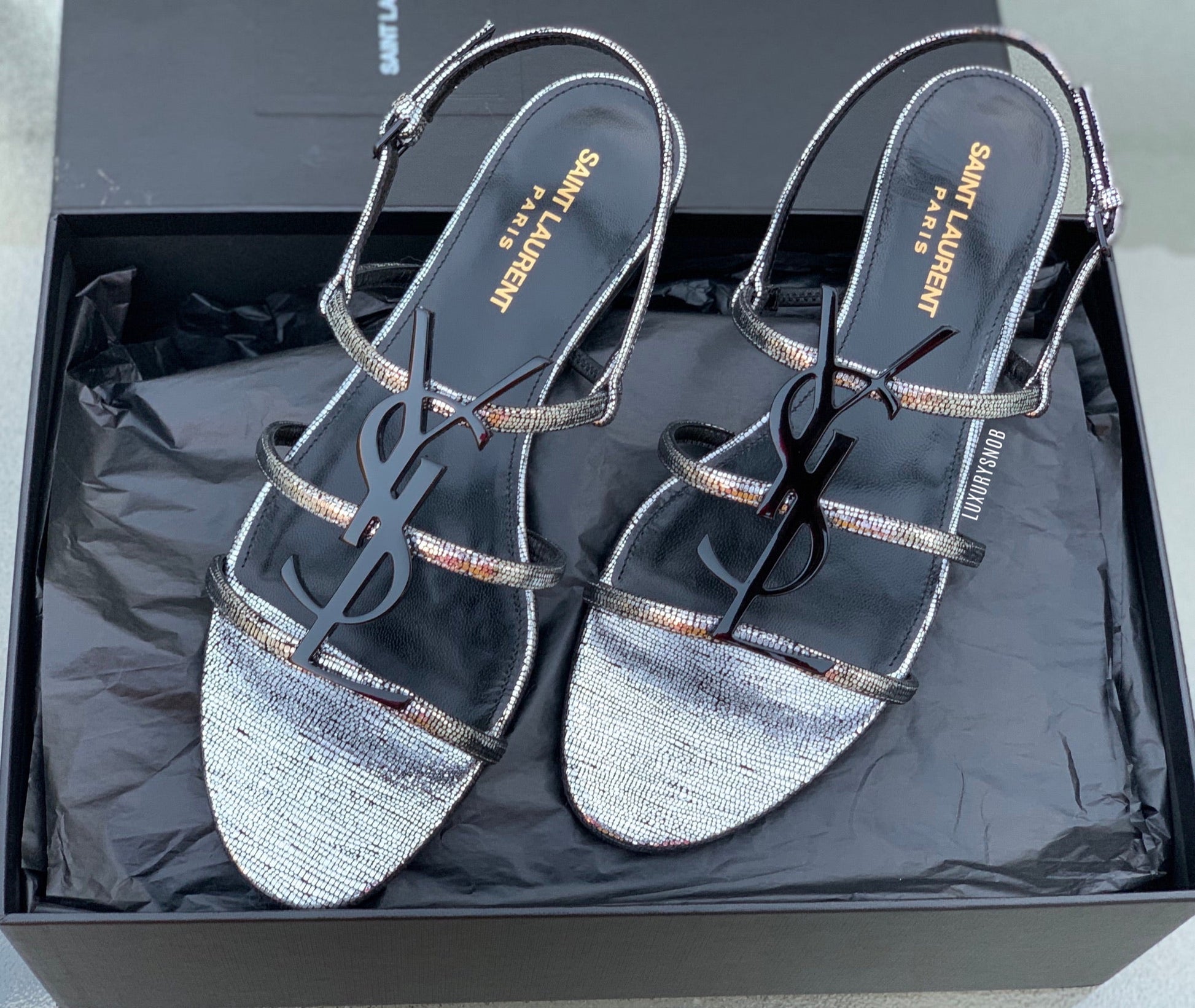 Saint Laurent Cassandra Metallic Leather Sandal 