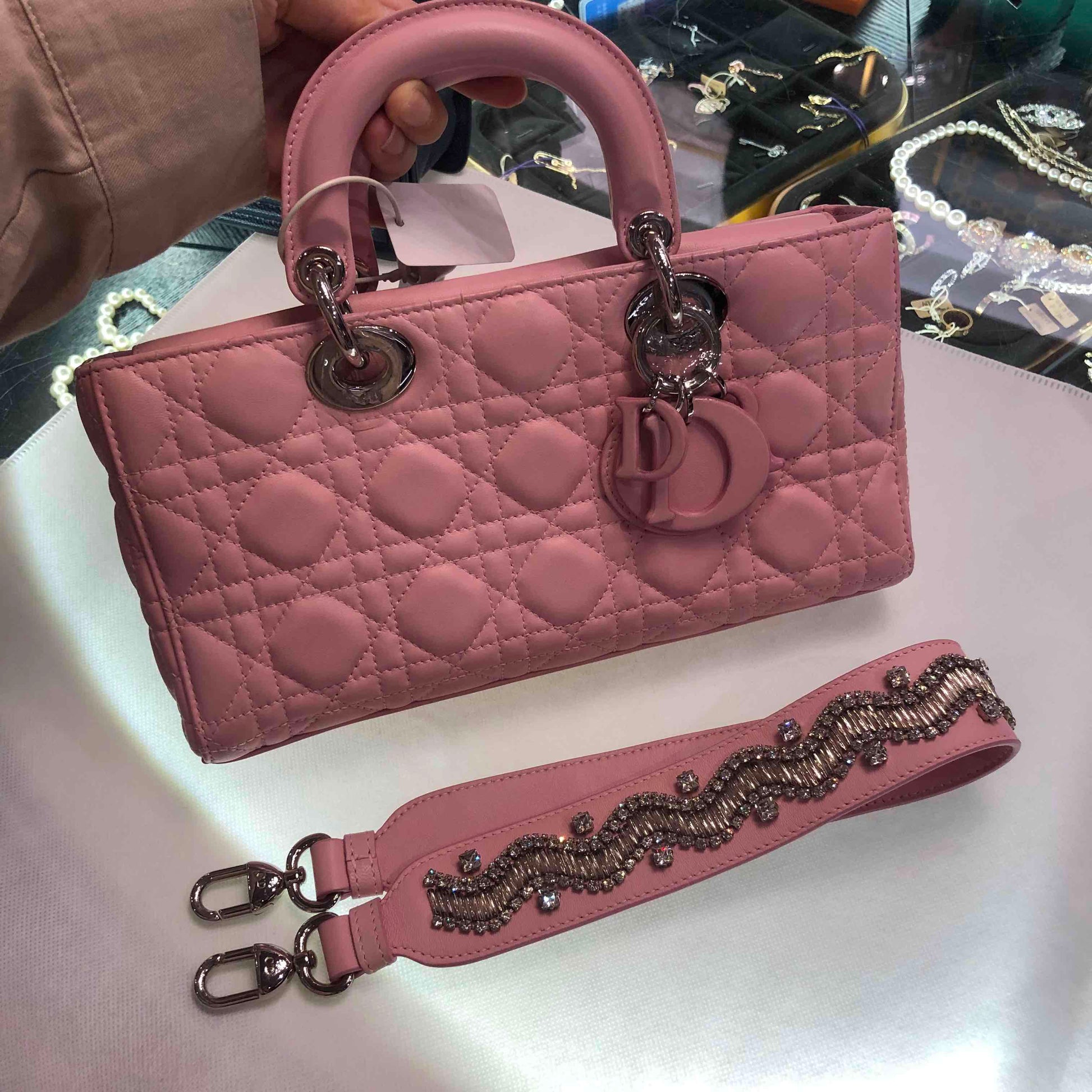 Dior D Joy Pink Lamb Skin Two Way Bag Adjustable Strap Medium Size