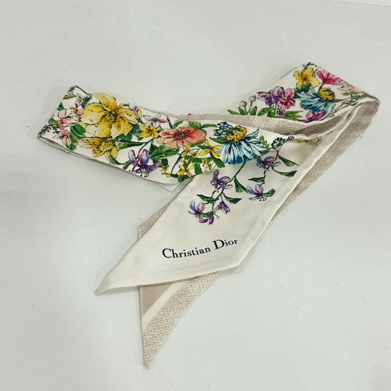 Christian Dior Silk Twilly Scarf with Floral Print, White/Multi-Color, One Size