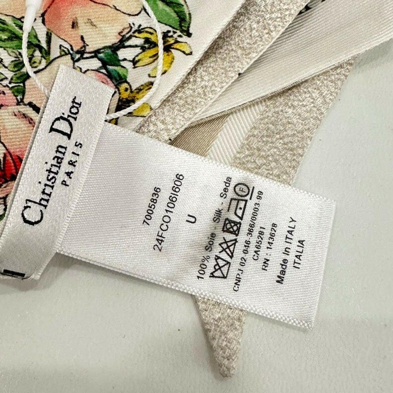 Christian Dior Silk Twilly Scarf with Floral Print, White/Multi-Color, One Size