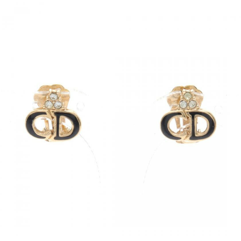Christian Dior CD Logo Earrings - Gold with Black and Clear Rhinestone Studs