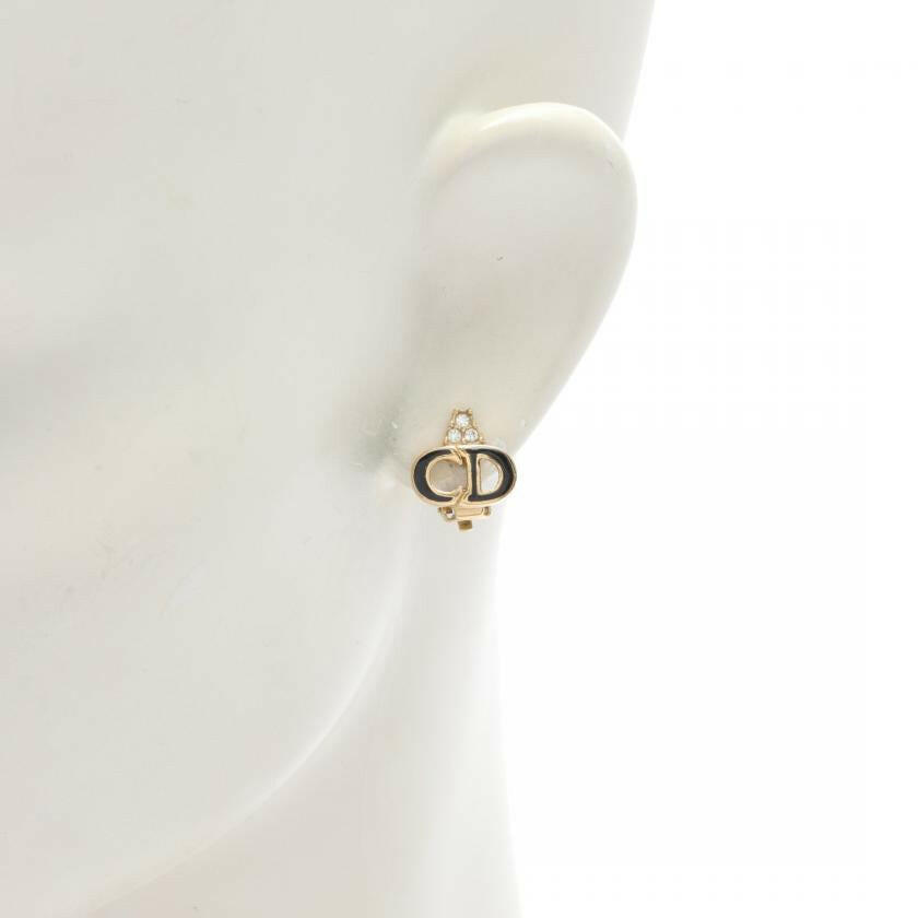 Christian Dior CD Logo Earrings - Gold with Black and Clear Rhinestone Studs